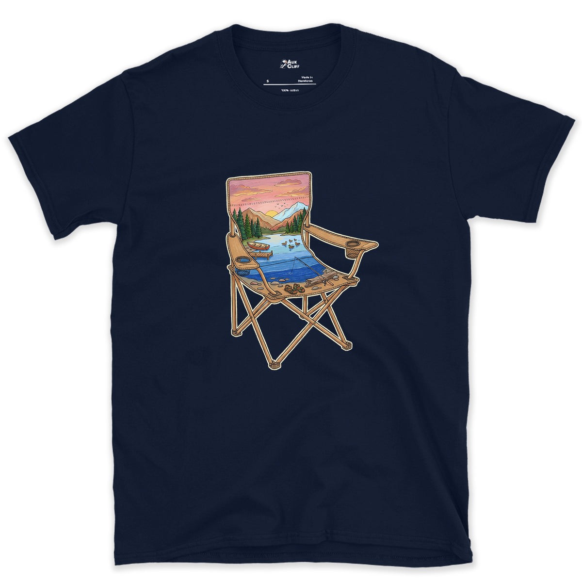 The Lake From the Camp Chair design on a Navy Gildan Softstyle t-shirt