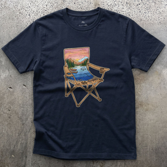 The Lake From the Camp Chair design on a Navy Gildan Softstyle t-shirt