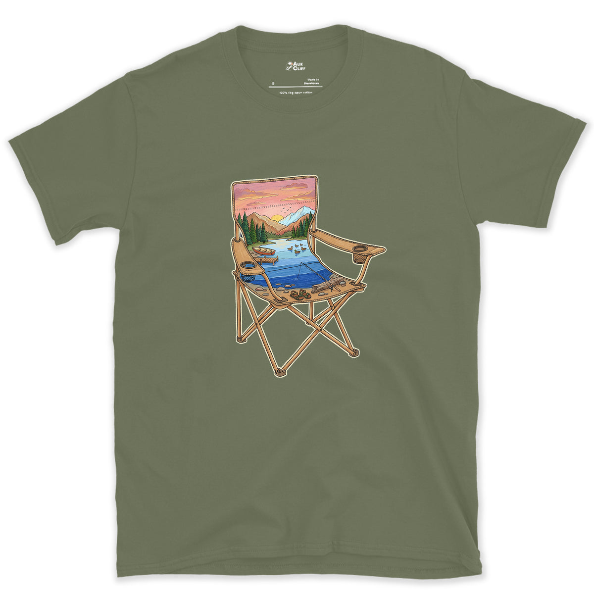The Lake From the Camp Chair design on a Military Green Gildan Softstyle t-shirt