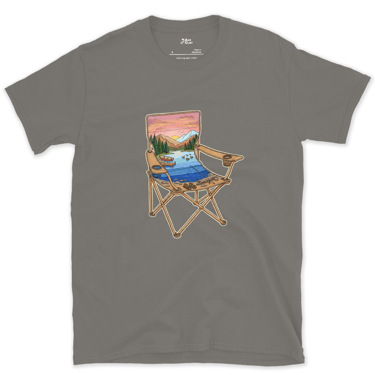 The Lake From the Camp Chair design on a Charcoal Gildan Softstyle t-shirt