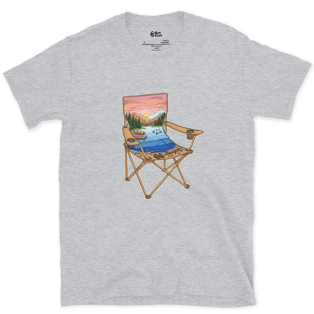 The Lake From the Camp Chair design on a Sport Grey Gildan Softstyle t-shirt