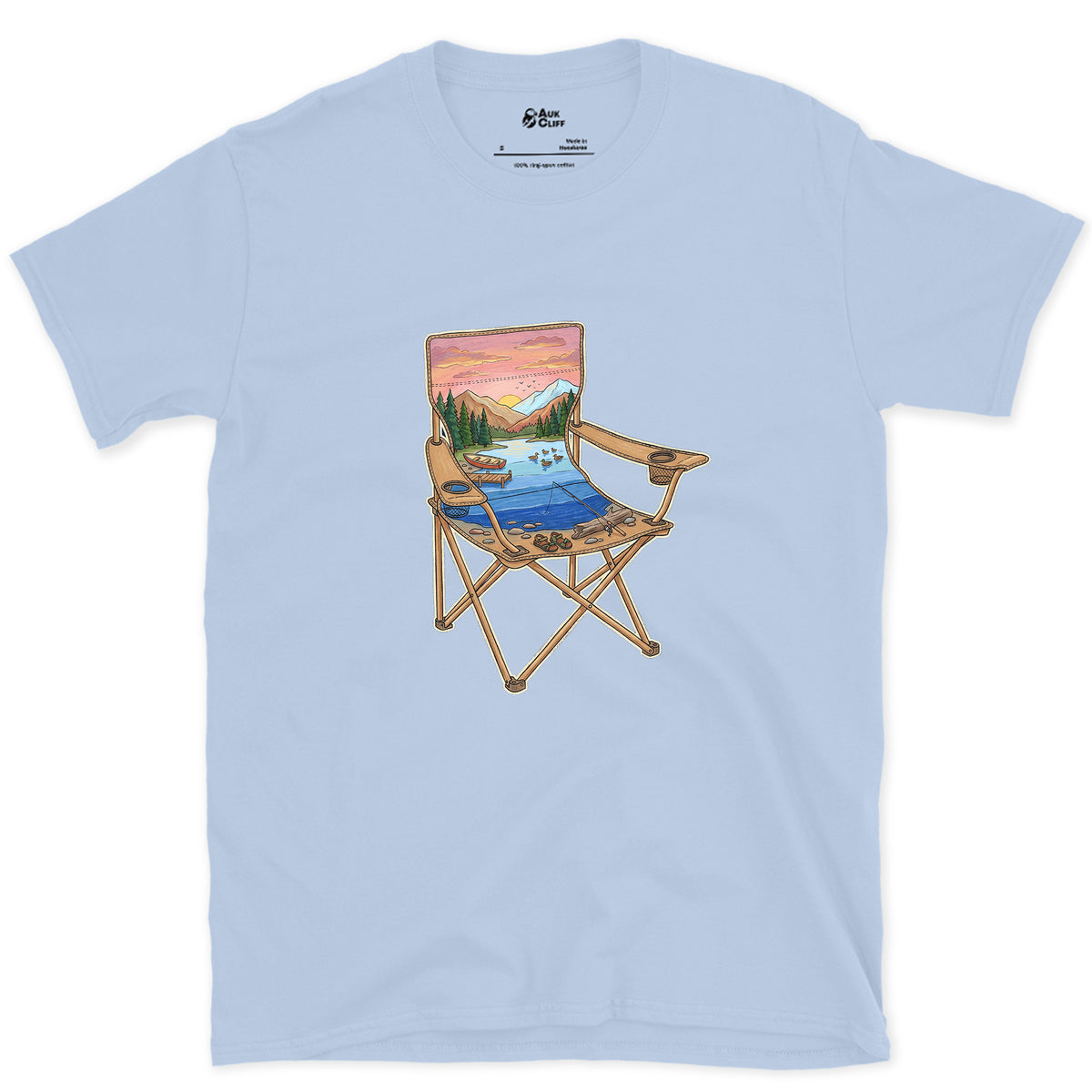 The Lake From the Camp Chair design on a Light Blue Gildan Softstyle t-shirt
