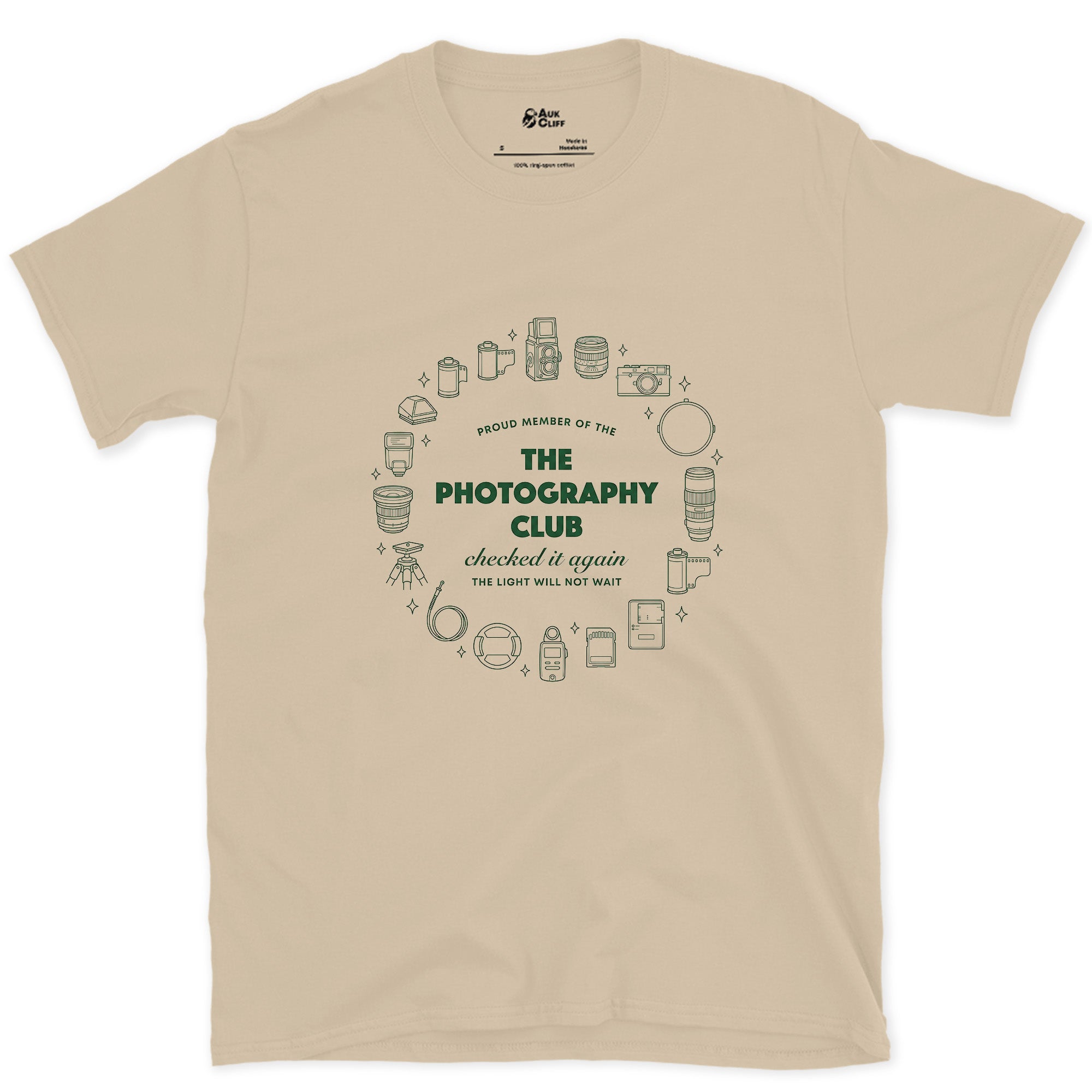 Checked In Again, Photography Club design on a Sand Gildan Softstyle t-shirt