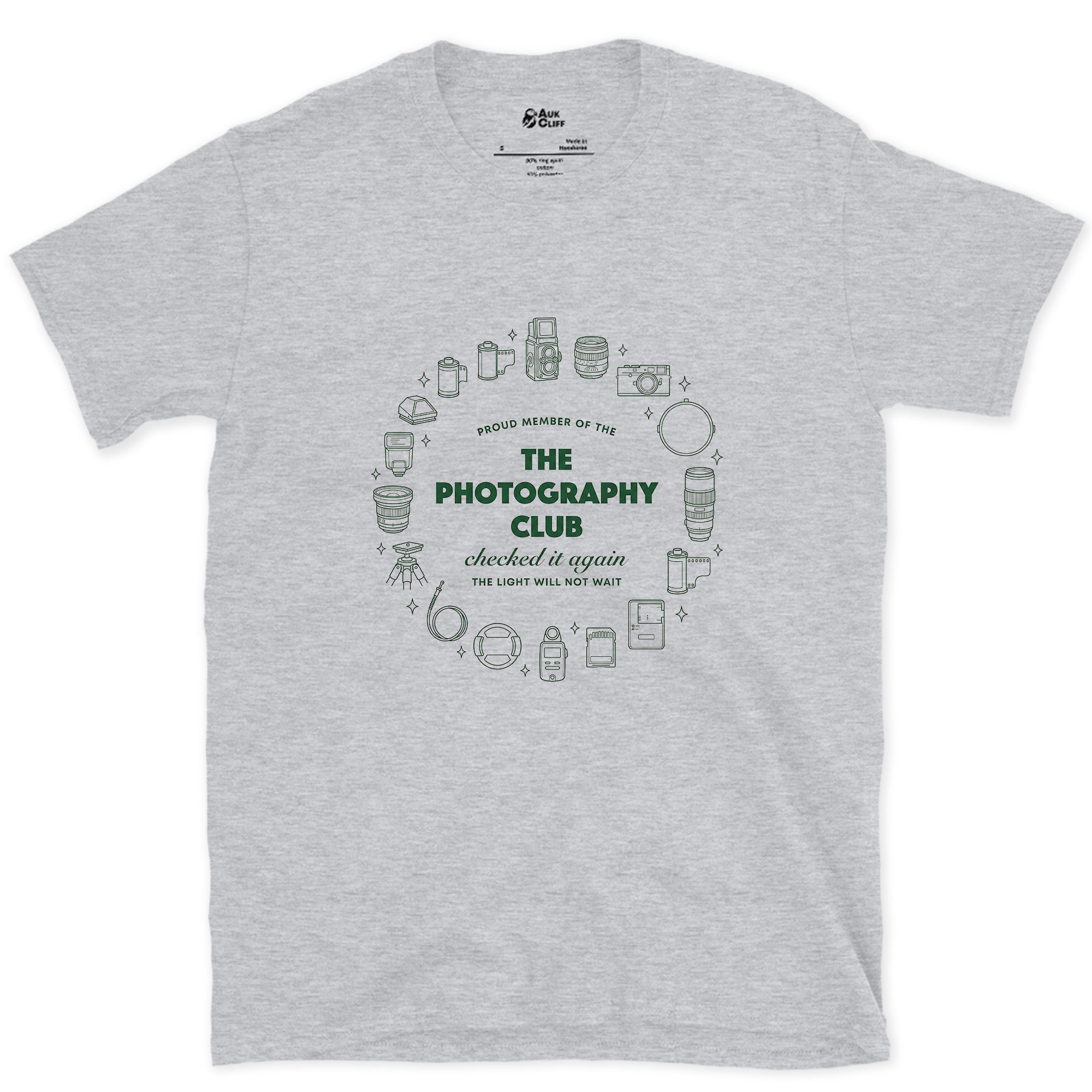 Checked In Again, Photography Club design on a Sport Grey Gildan Softstyle t-shirt