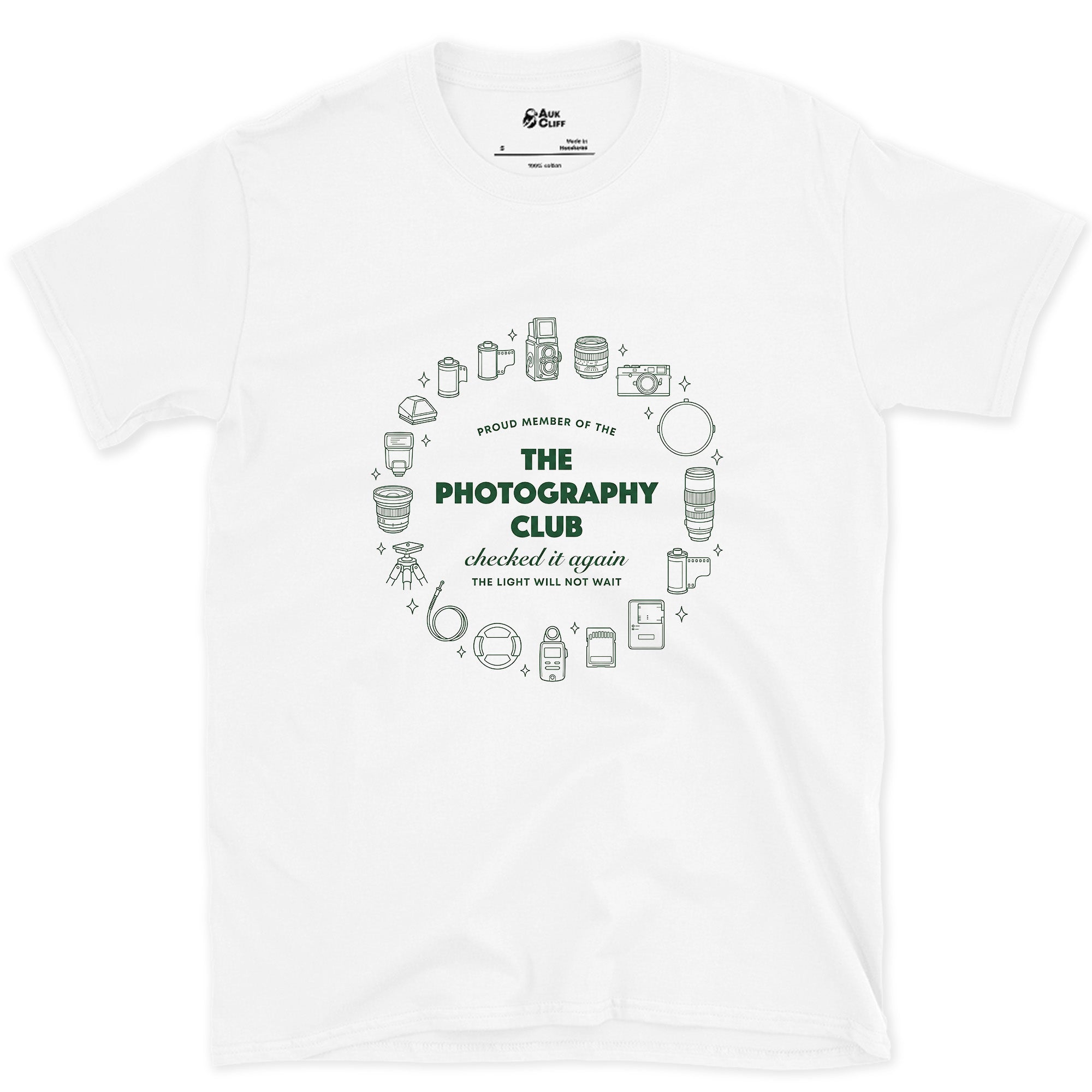 Checked In Again, Photography Club design on a White Gildan Softstyle t-shirt