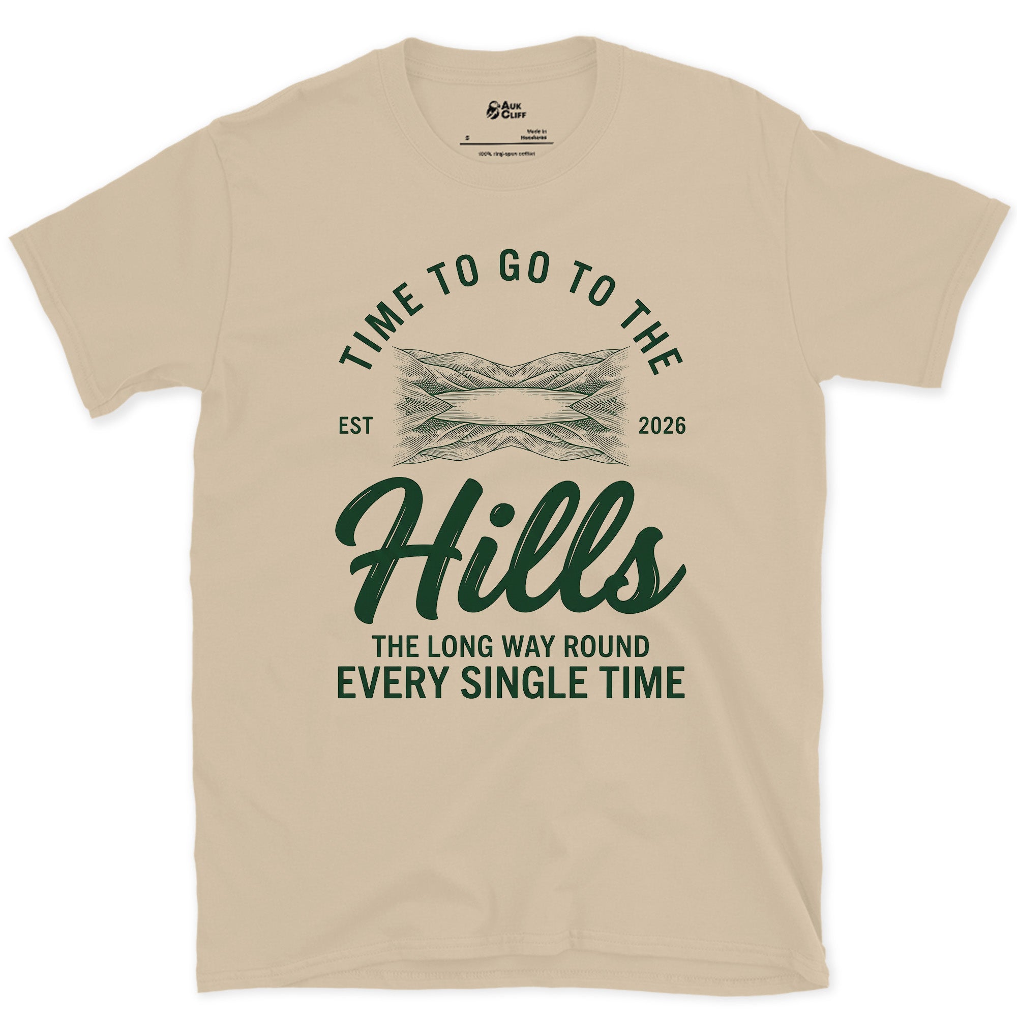 The Long Way Round the Ridge, Every Single Time design on a Sand Gildan Softstyle t-shirt