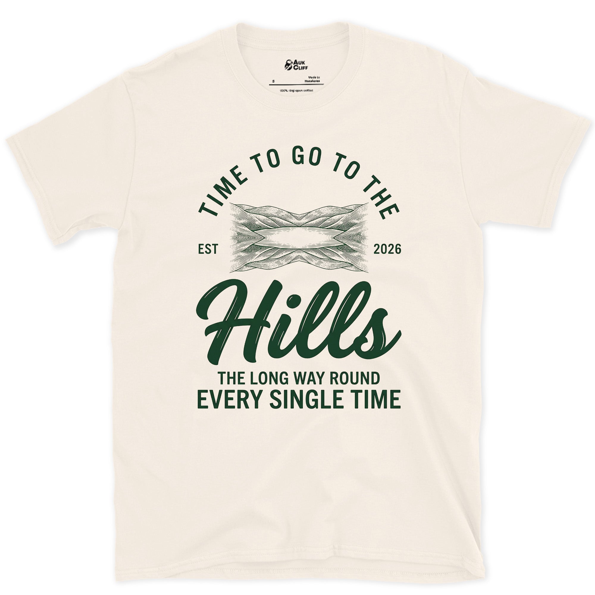 The Long Way Round the Ridge, Every Single Time design on a Natural Gildan Softstyle t-shirt