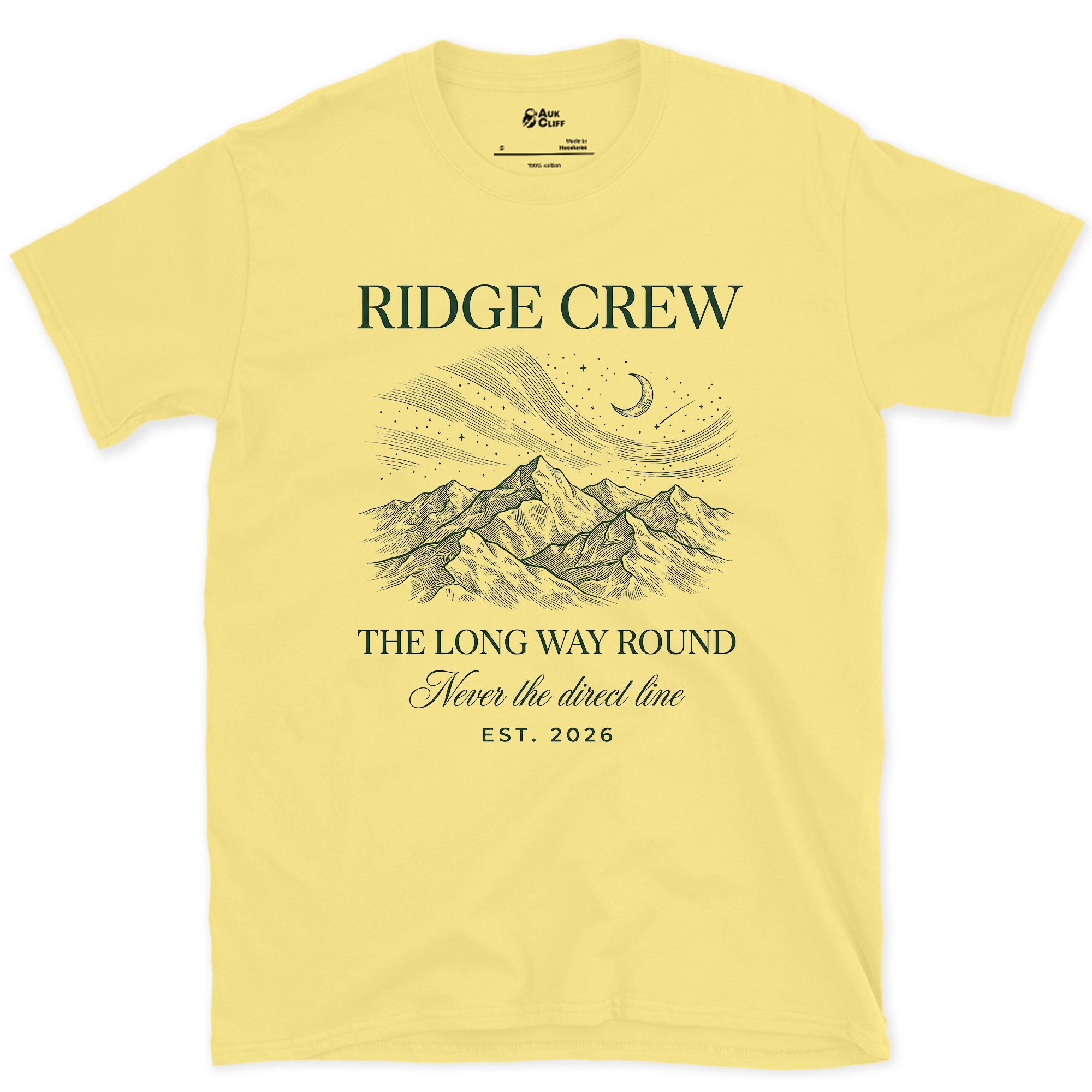 Ridge Crew Never Takes the Direct Line design on a Cornsilk Gildan Softstyle t-shirt