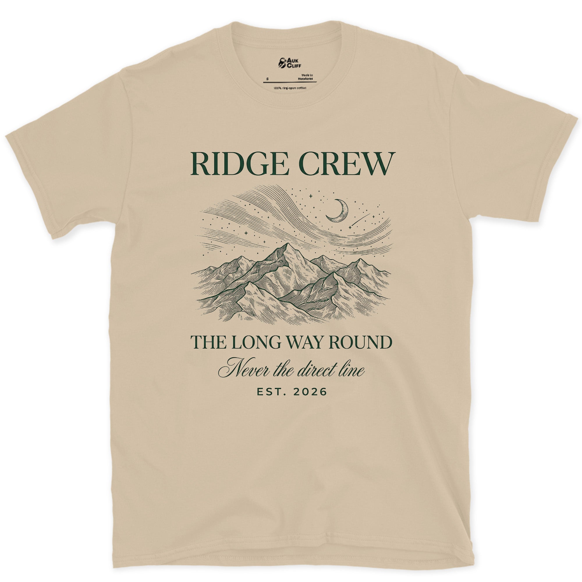 Ridge Crew Never Takes the Direct Line design on a Sand Gildan Softstyle t-shirt