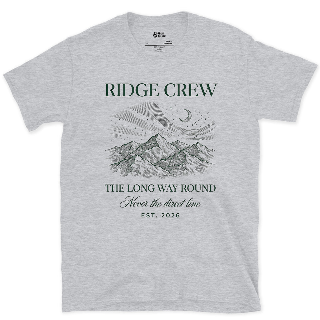 Ridge Crew Never Takes the Direct Line design on a Sport Grey Gildan Softstyle t-shirt