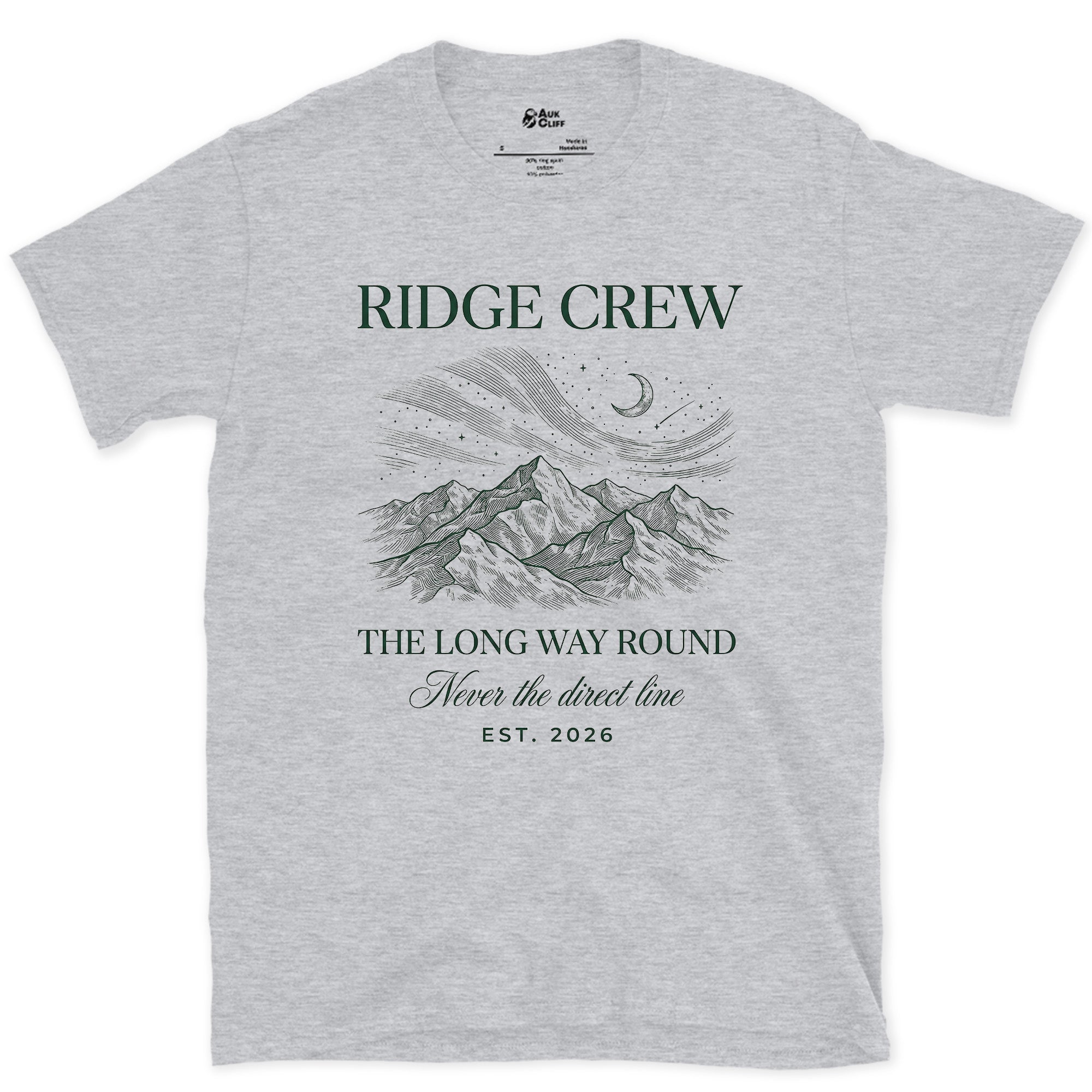 Ridge Crew Never Takes the Direct Line design on a Sport Grey Gildan Softstyle t-shirt