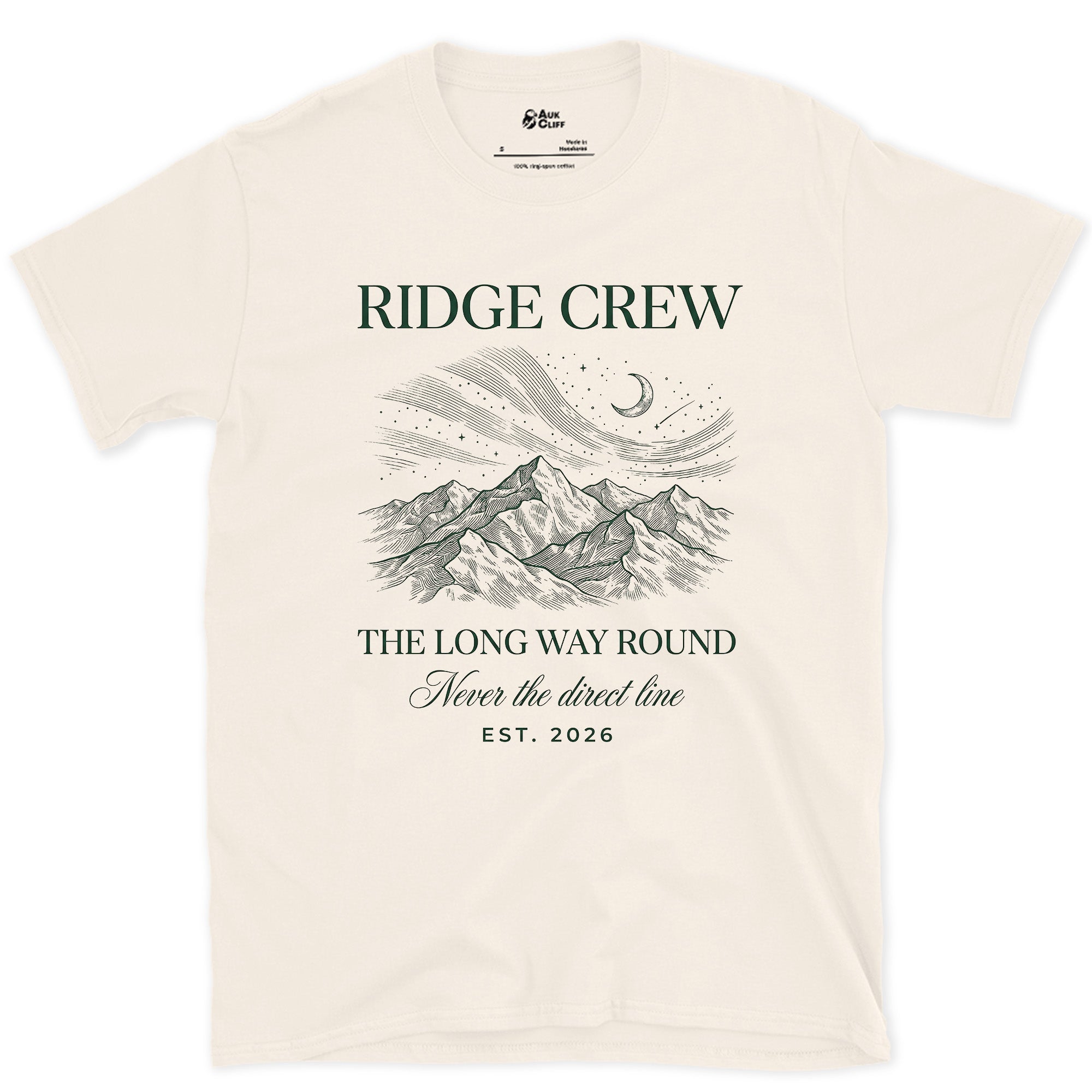 Ridge Crew Never Takes the Direct Line design on a Natural Gildan Softstyle t-shirt