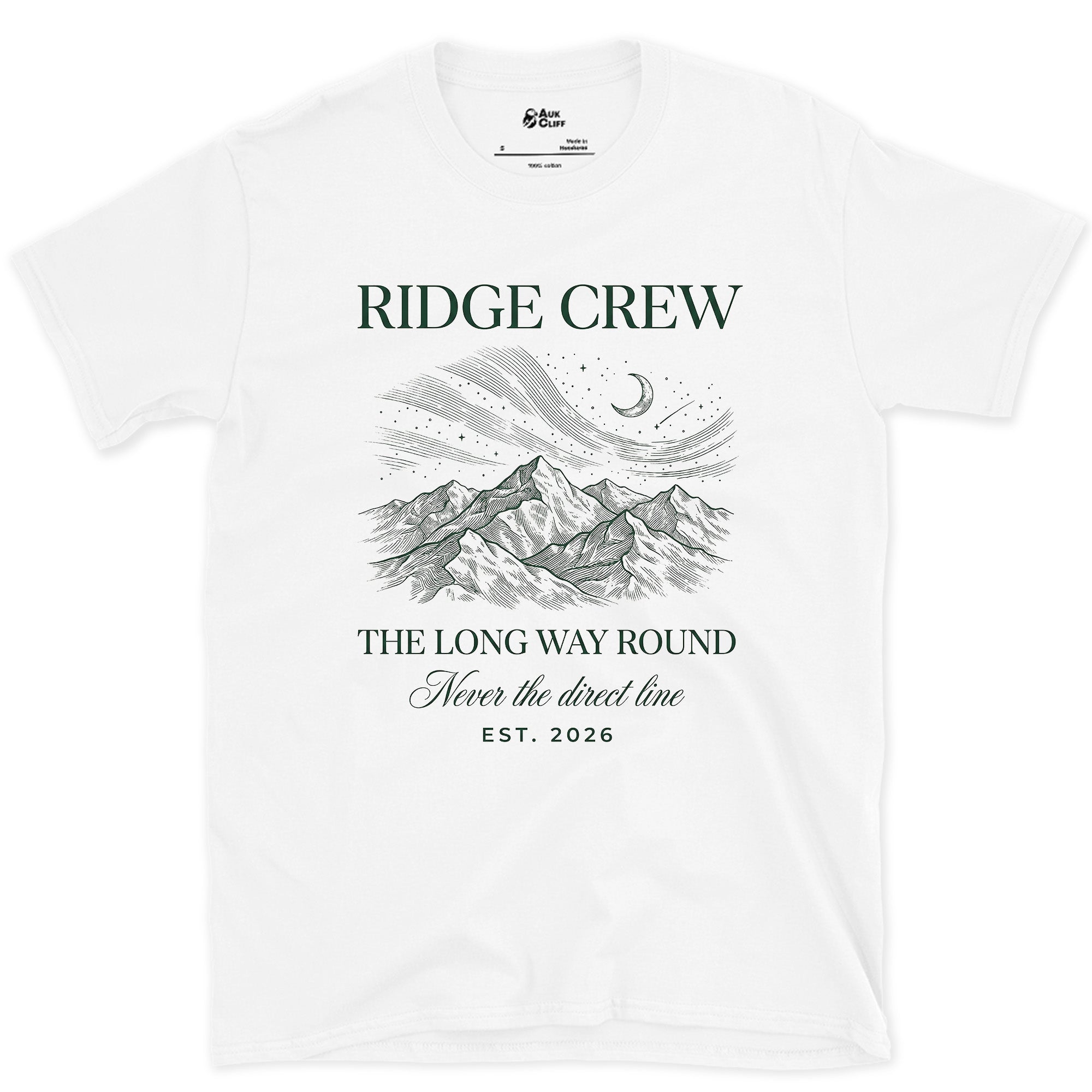 Ridge Crew Never Takes the Direct Line design on a White Gildan Softstyle t-shirt