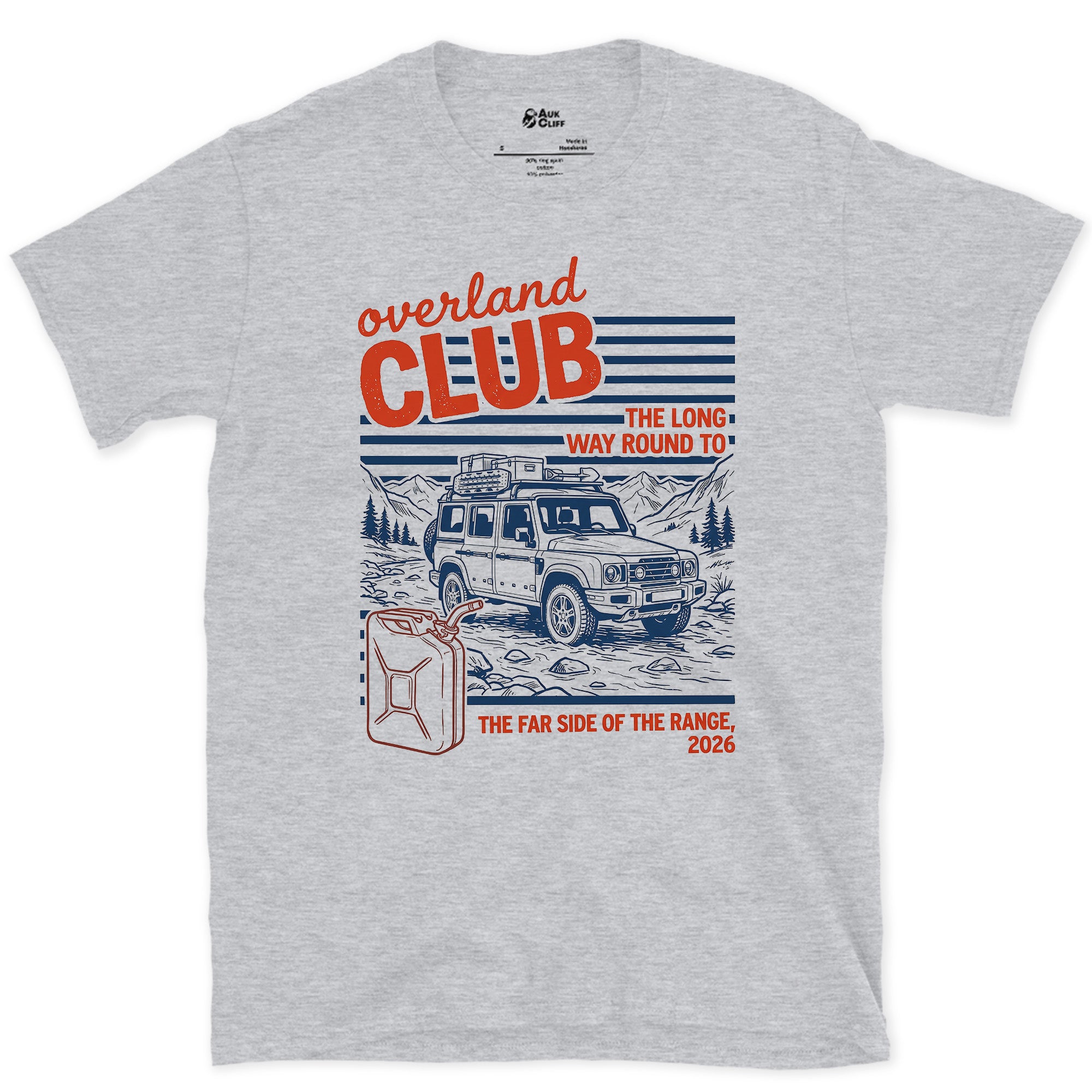 Overland Club, the Long Way Round to the Far Side design on a Sport Grey Gildan Softstyle t-shirt