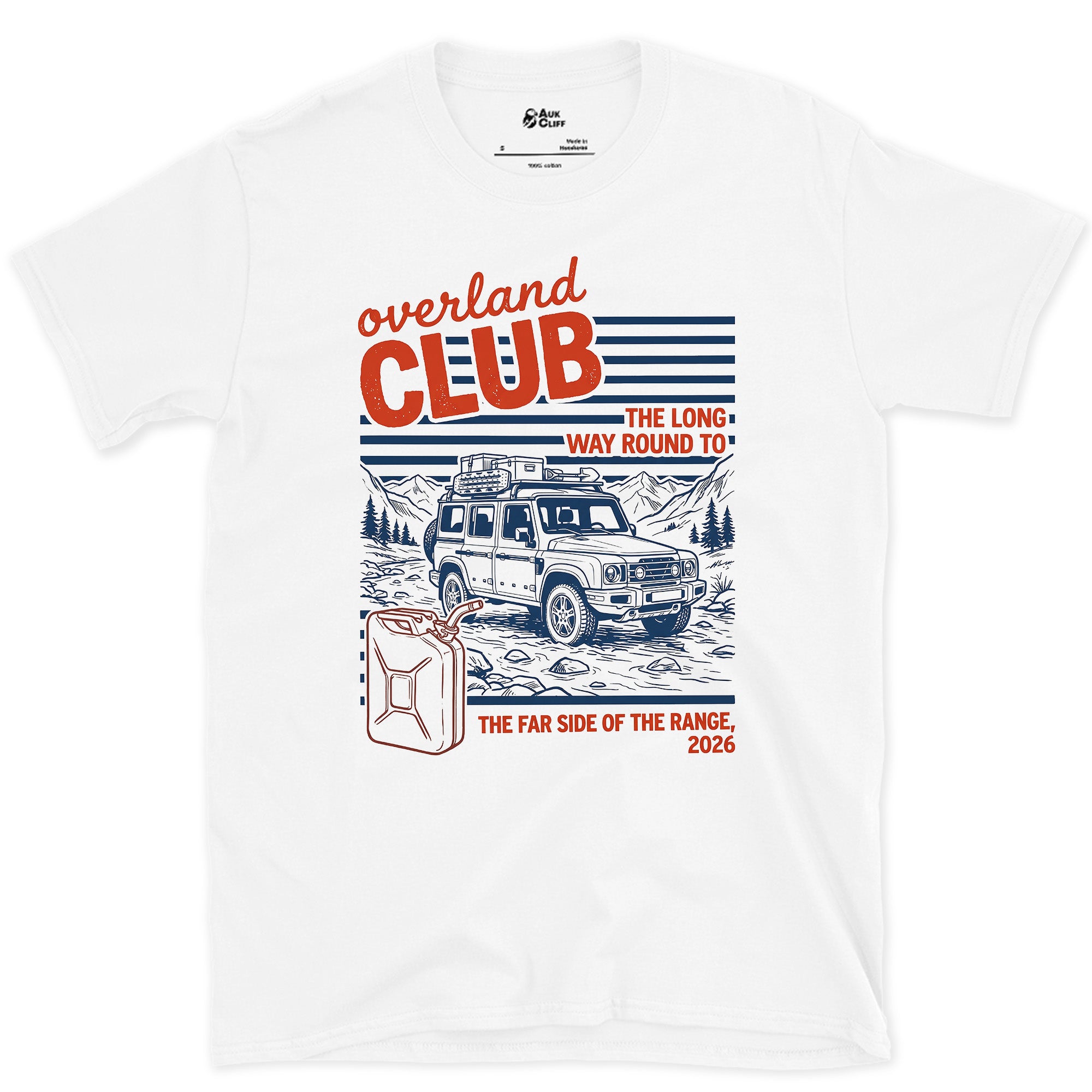Overland Club, the Long Way Round to the Far Side design on a White Gildan Softstyle t-shirt