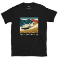 The Long Way Up, Cabin by the Tarn design on a Black Gildan Softstyle t-shirt