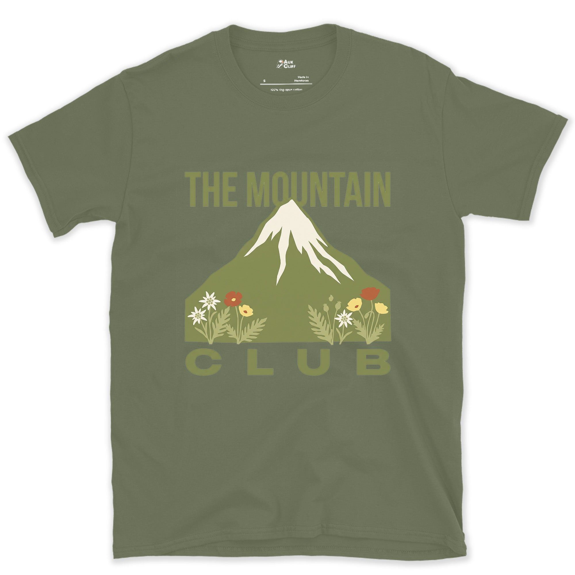 Snow Above, Flowers Below, Mountain design on a Military Green Gildan Softstyle t-shirt