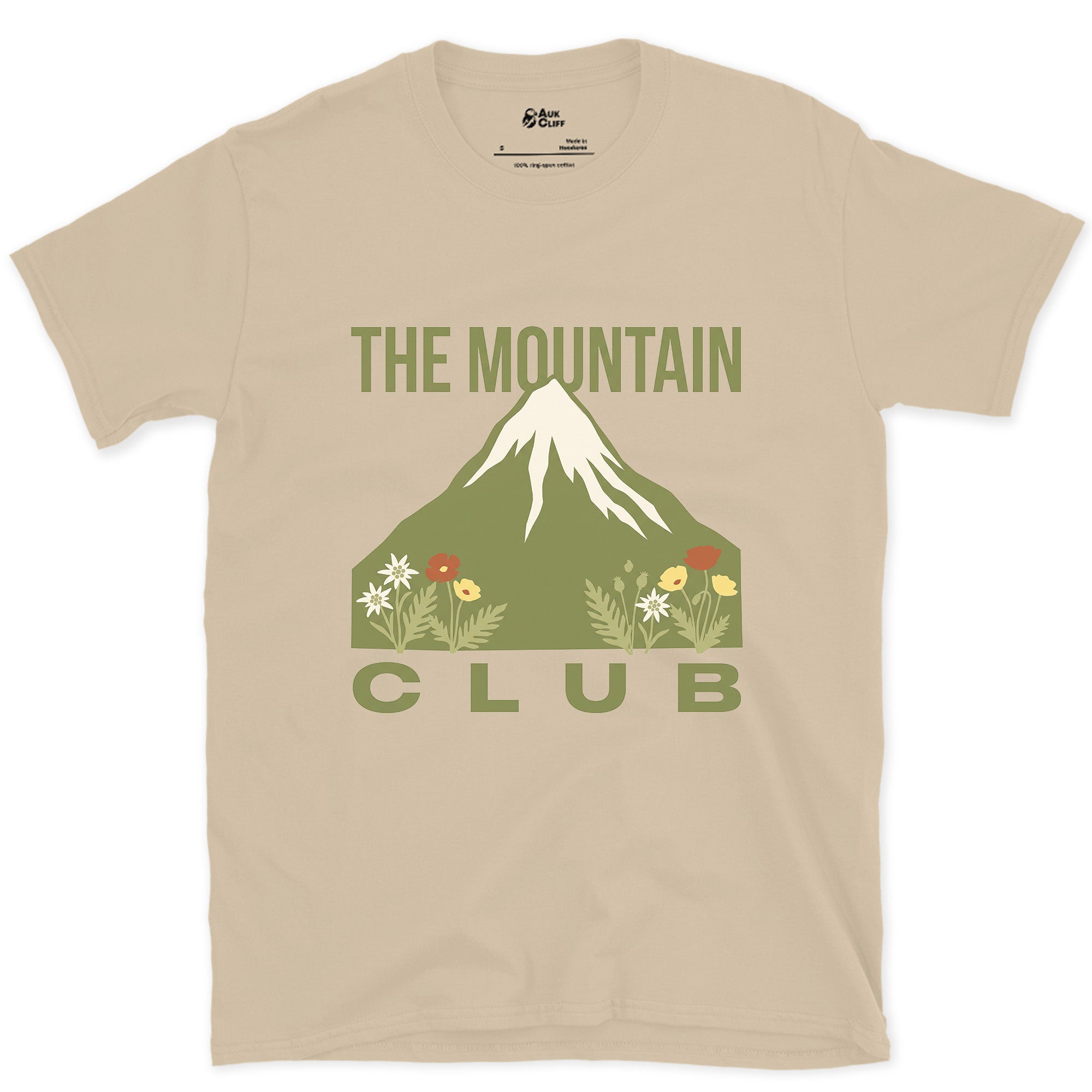 Snow Above, Flowers Below, Mountain design on a Sand Gildan Softstyle t-shirt