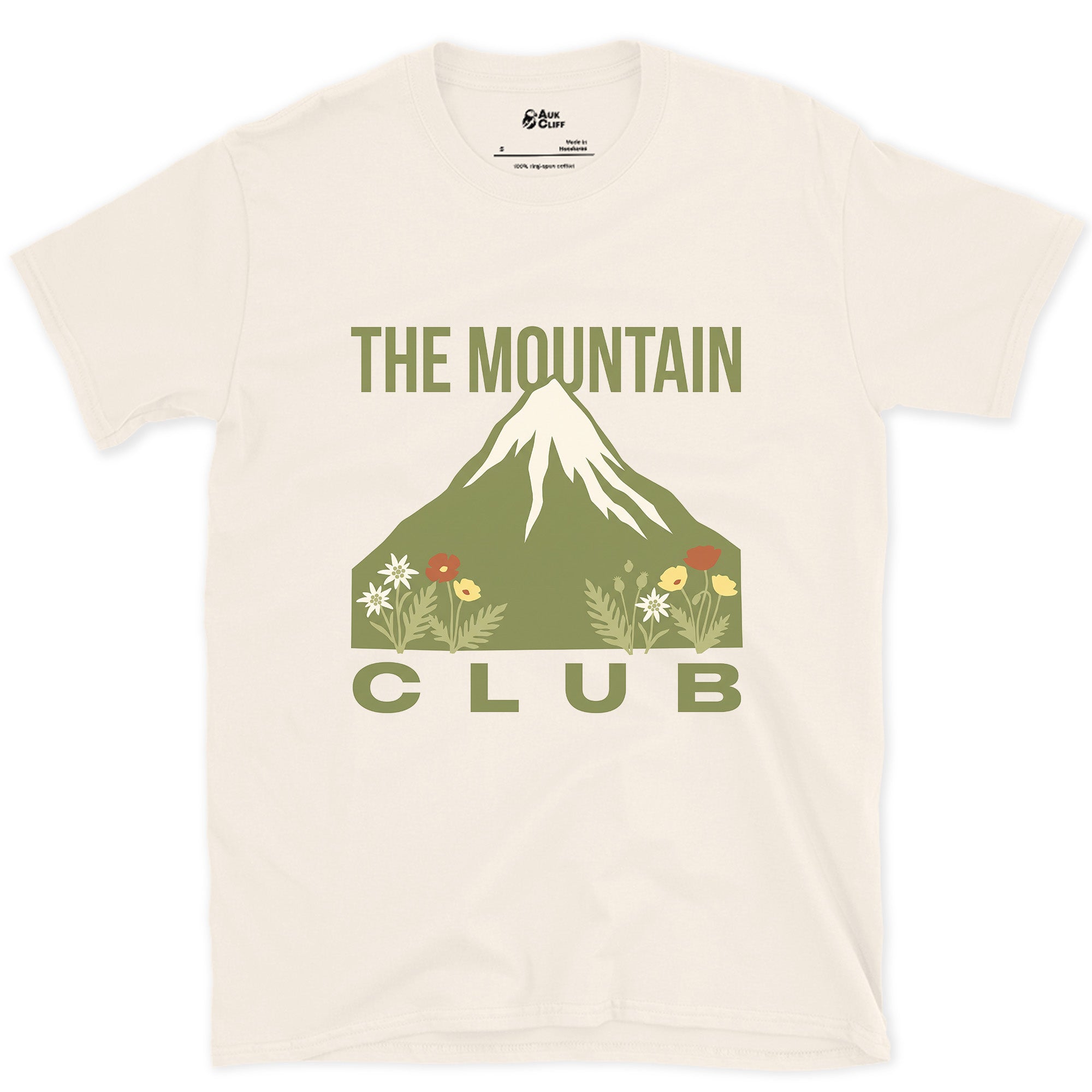 Snow Above, Flowers Below, Mountain design on a Natural Gildan Softstyle t-shirt
