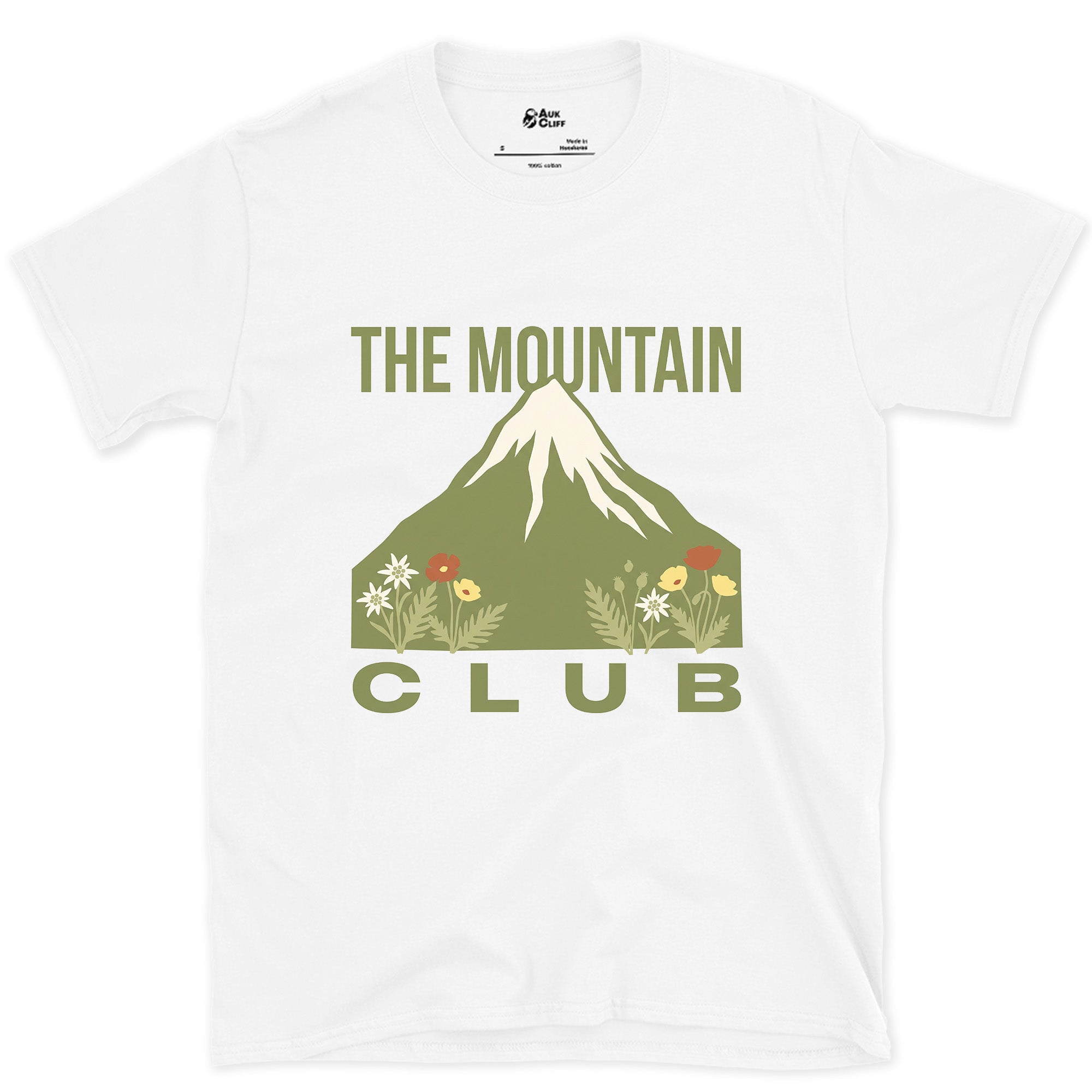 Snow Above, Flowers Below, Mountain design on a White Gildan Softstyle t-shirt