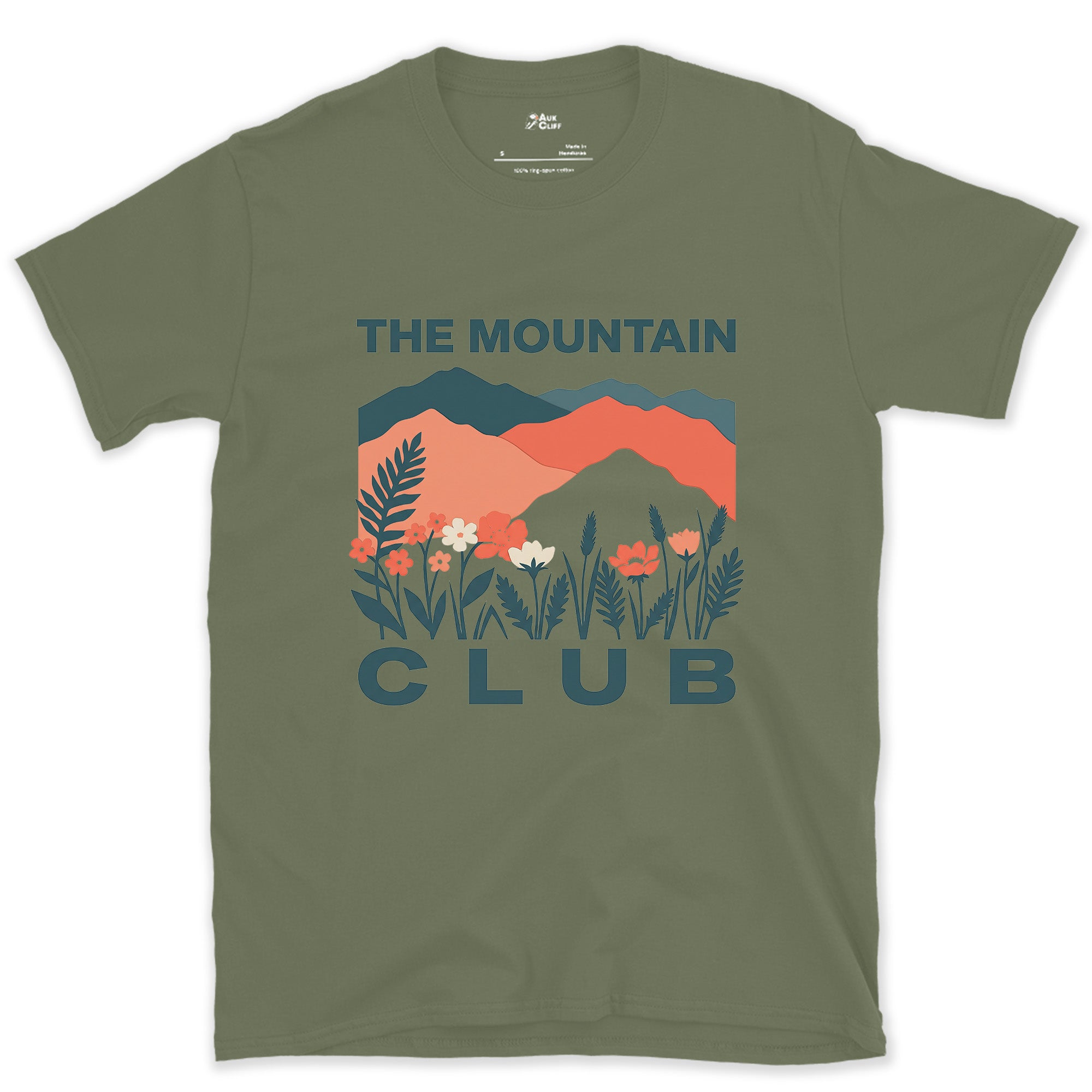 Blue and Coral Ranges Over Ferns design on a Military Green Gildan Softstyle t-shirt