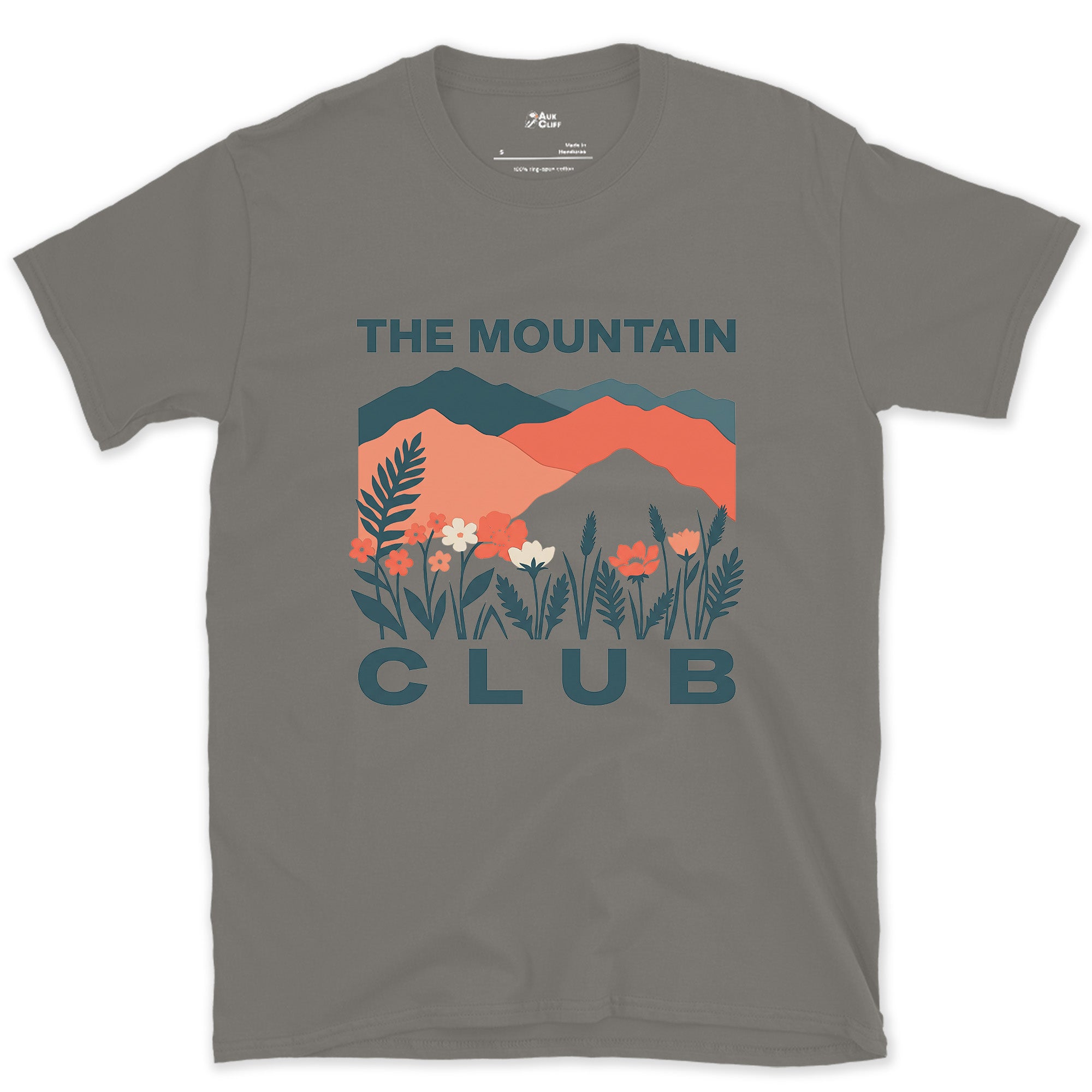 Blue and Coral Ranges Over Ferns design on a Charcoal Gildan Softstyle t-shirt