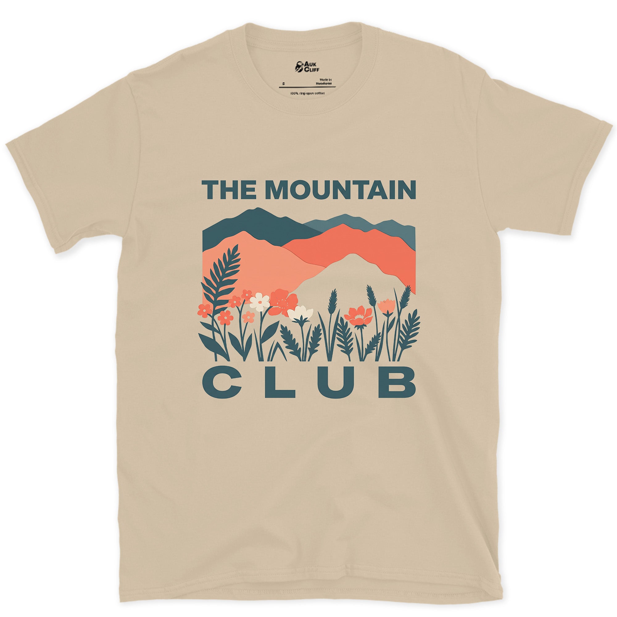 Blue and Coral Ranges Over Ferns design on a Sand Gildan Softstyle t-shirt
