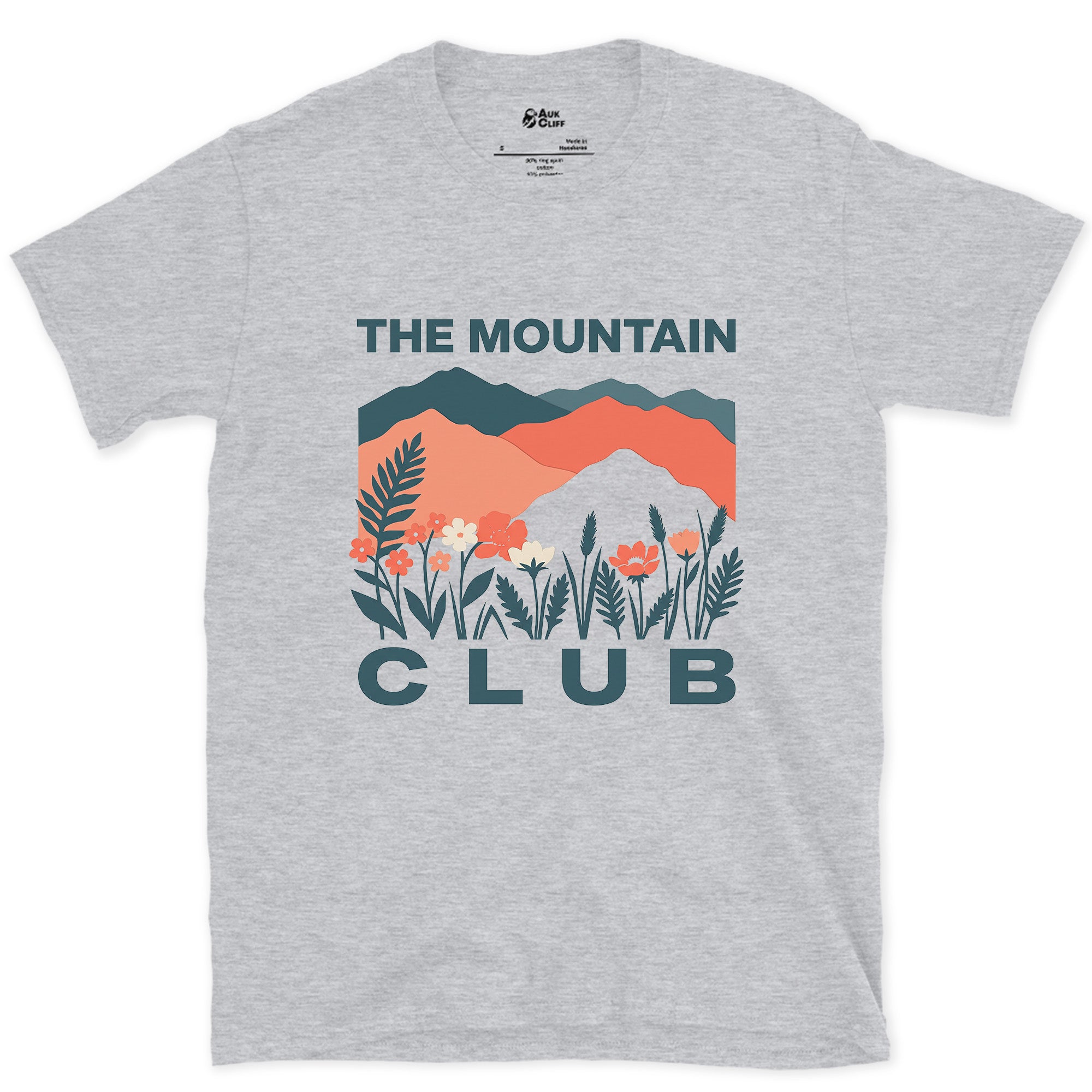 Blue and Coral Ranges Over Ferns design on a Sport Grey Gildan Softstyle t-shirt