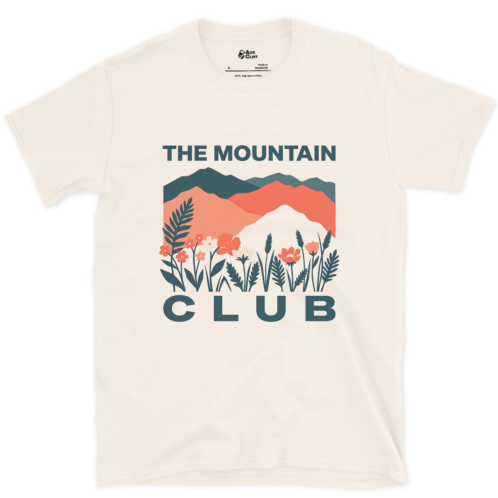 Blue and Coral Ranges Over Ferns design on a Natural Gildan Softstyle t-shirt