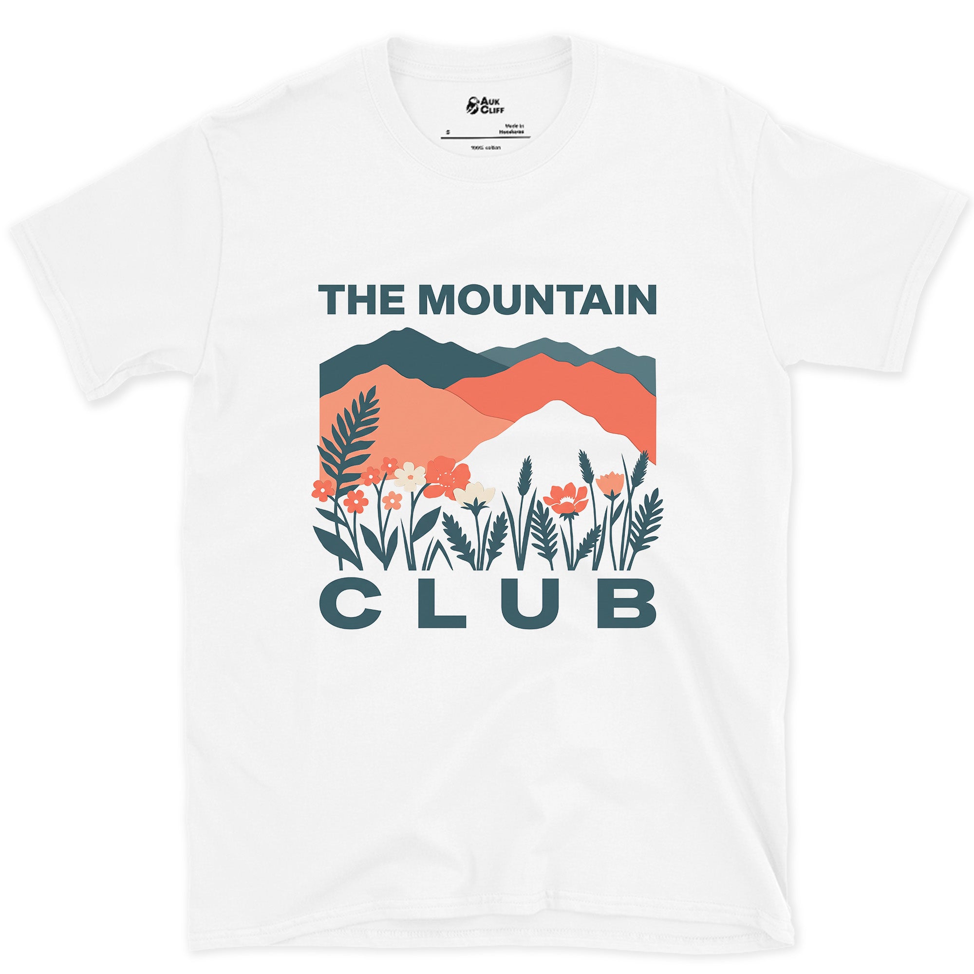 Blue and Coral Ranges Over Ferns design on a White Gildan Softstyle t-shirt