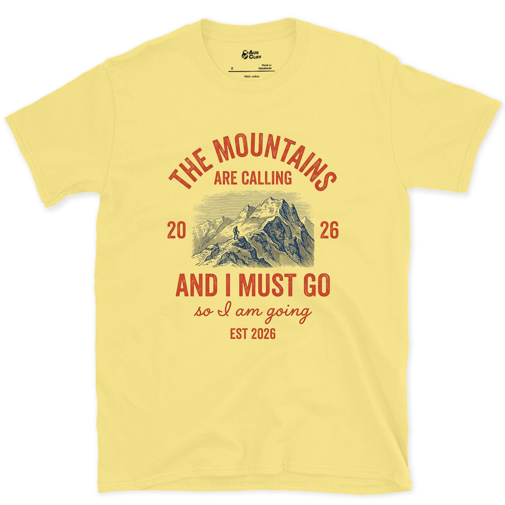 The Mountains Are Calling, So I Am Going design on a Cornsilk Gildan Softstyle t-shirt