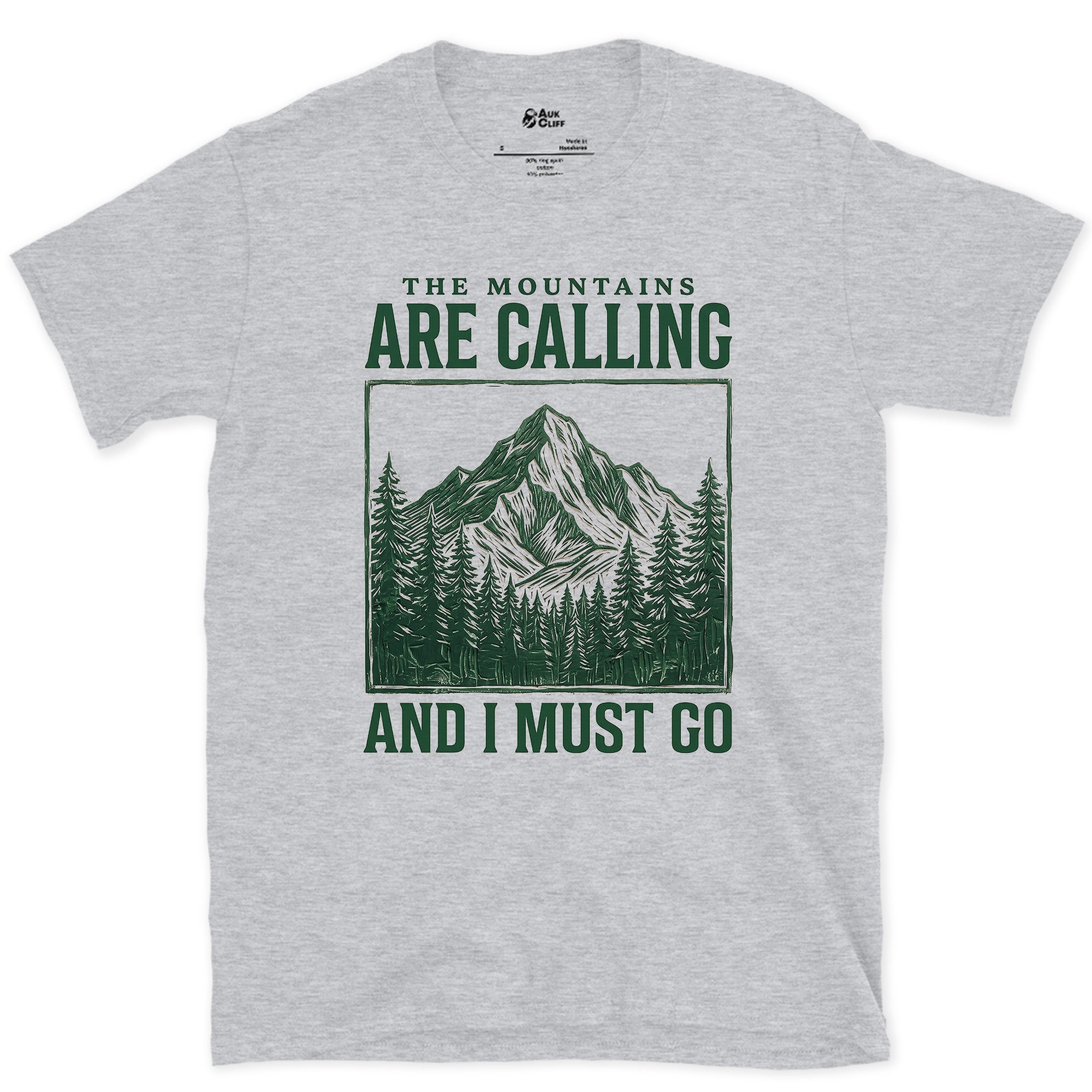 The Mountains Are Calling design on a Sport Grey Gildan Softstyle t-shirt