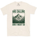 The Mountains Are Calling design on a Natural Gildan Softstyle t-shirt
