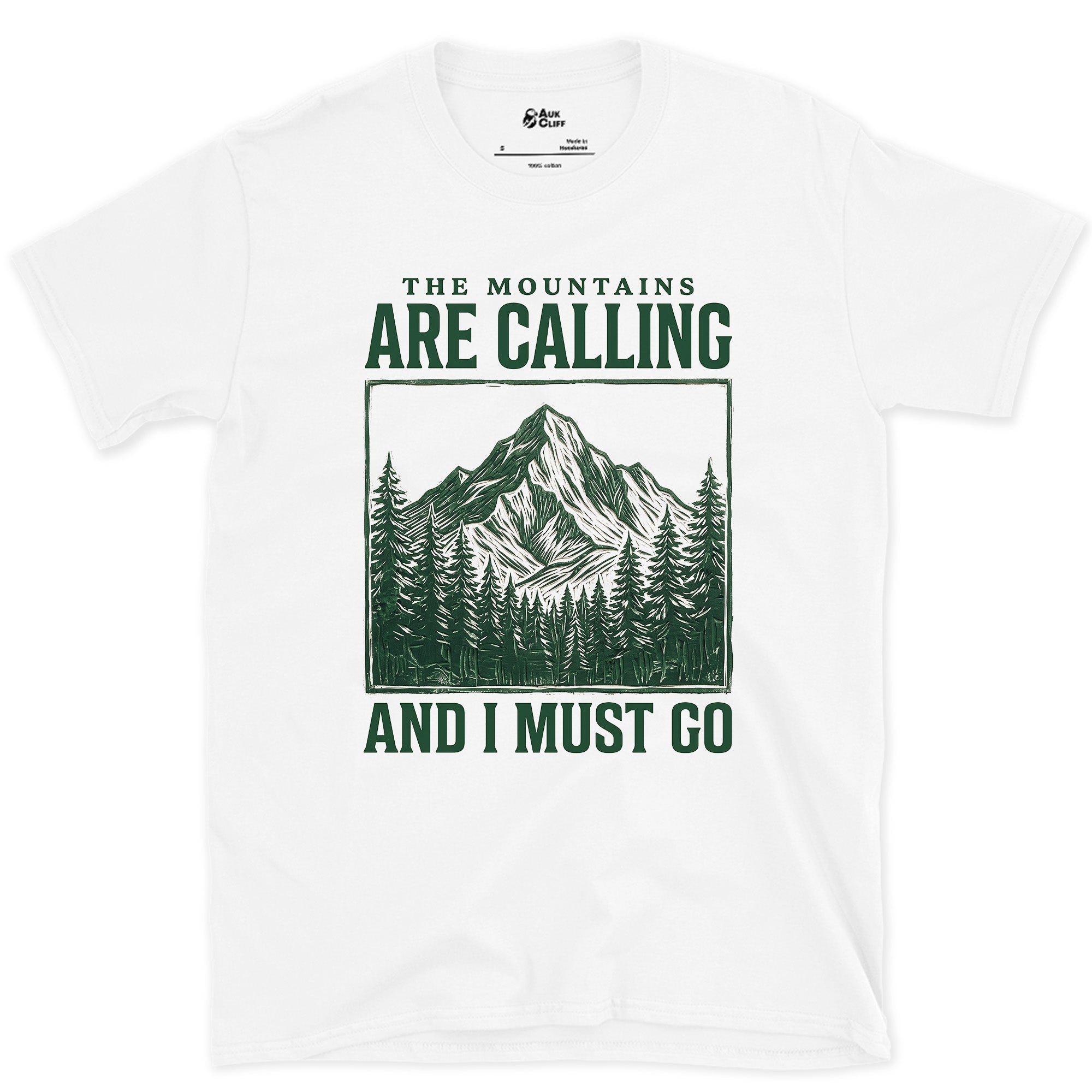 The Mountains Are Calling design on a White Gildan Softstyle t-shirt