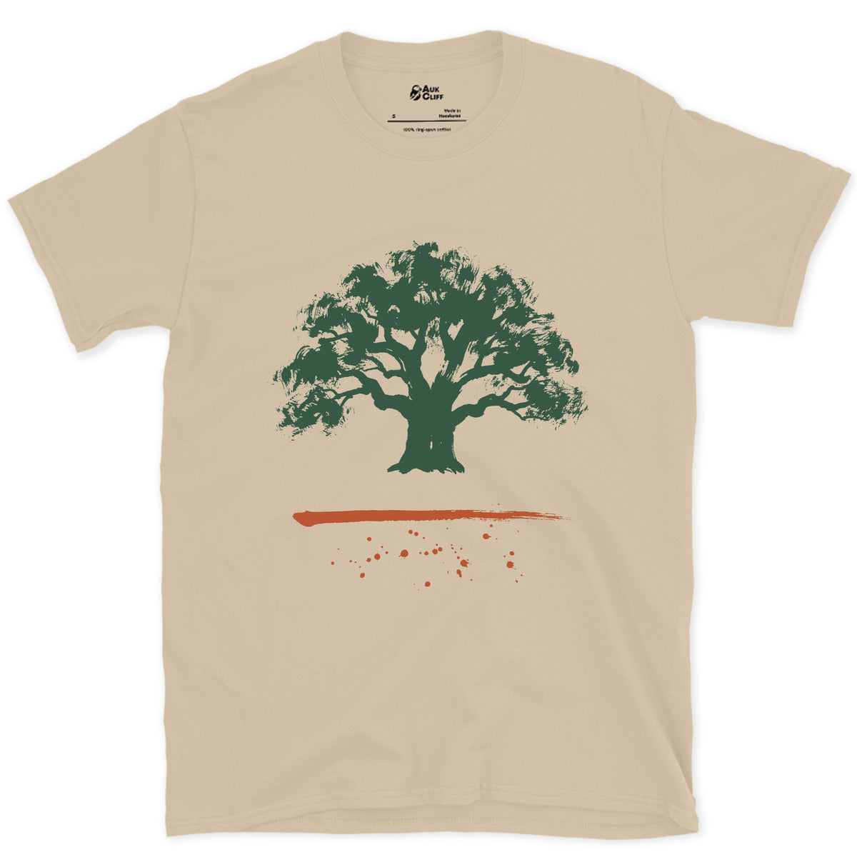 The Oak Goes Wide design on a Sand Gildan Softstyle t-shirt