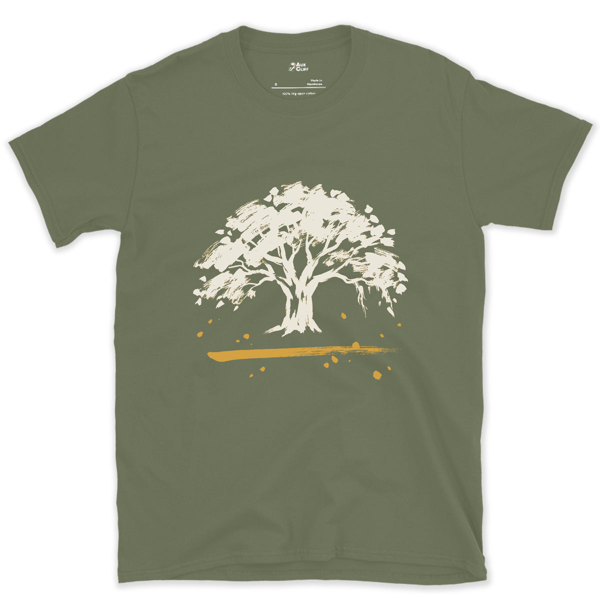 The Oak Goes Wide design on a Military Green Gildan Softstyle t-shirt
