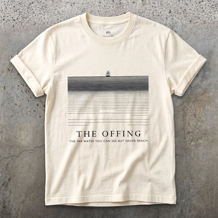 The Offing, the Far Water You Can See but Never Reach design on a Natural Gildan Softstyle t-shirt
