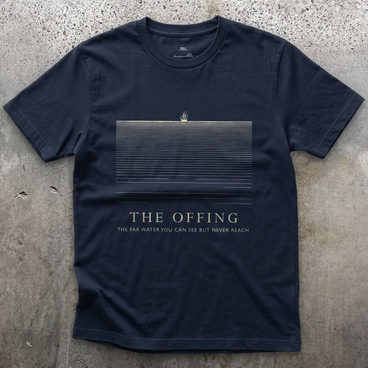 The Offing, the Far Water You Can See but Never Reach design on a Navy Gildan Softstyle t-shirt