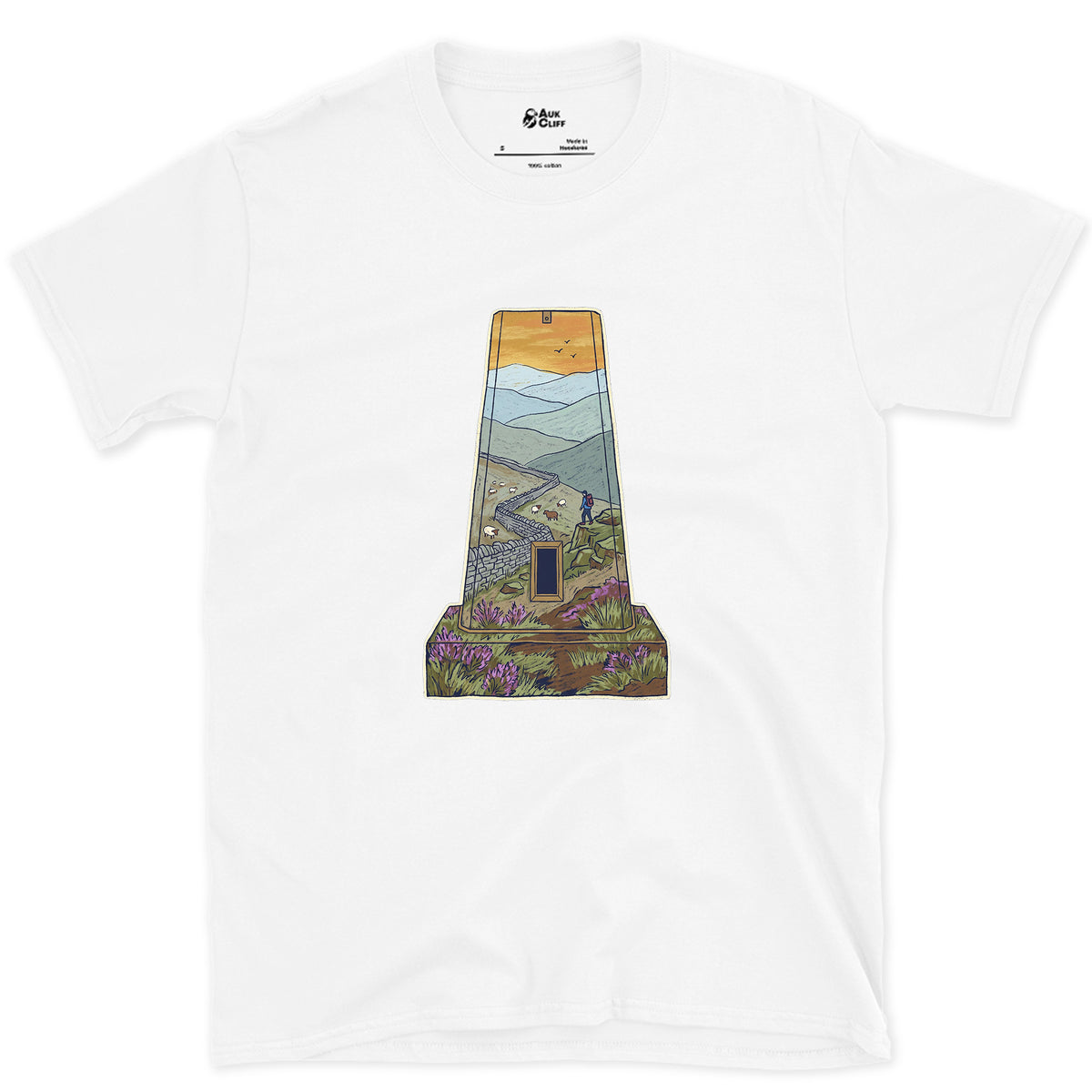 The Summit Panorama From the Trig Pillar design on a White Gildan Softstyle t-shirt