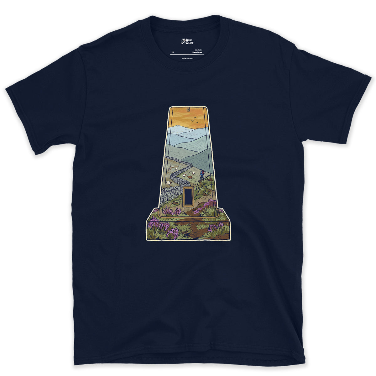 The Summit Panorama From the Trig Pillar design on a Navy Gildan Softstyle t-shirt