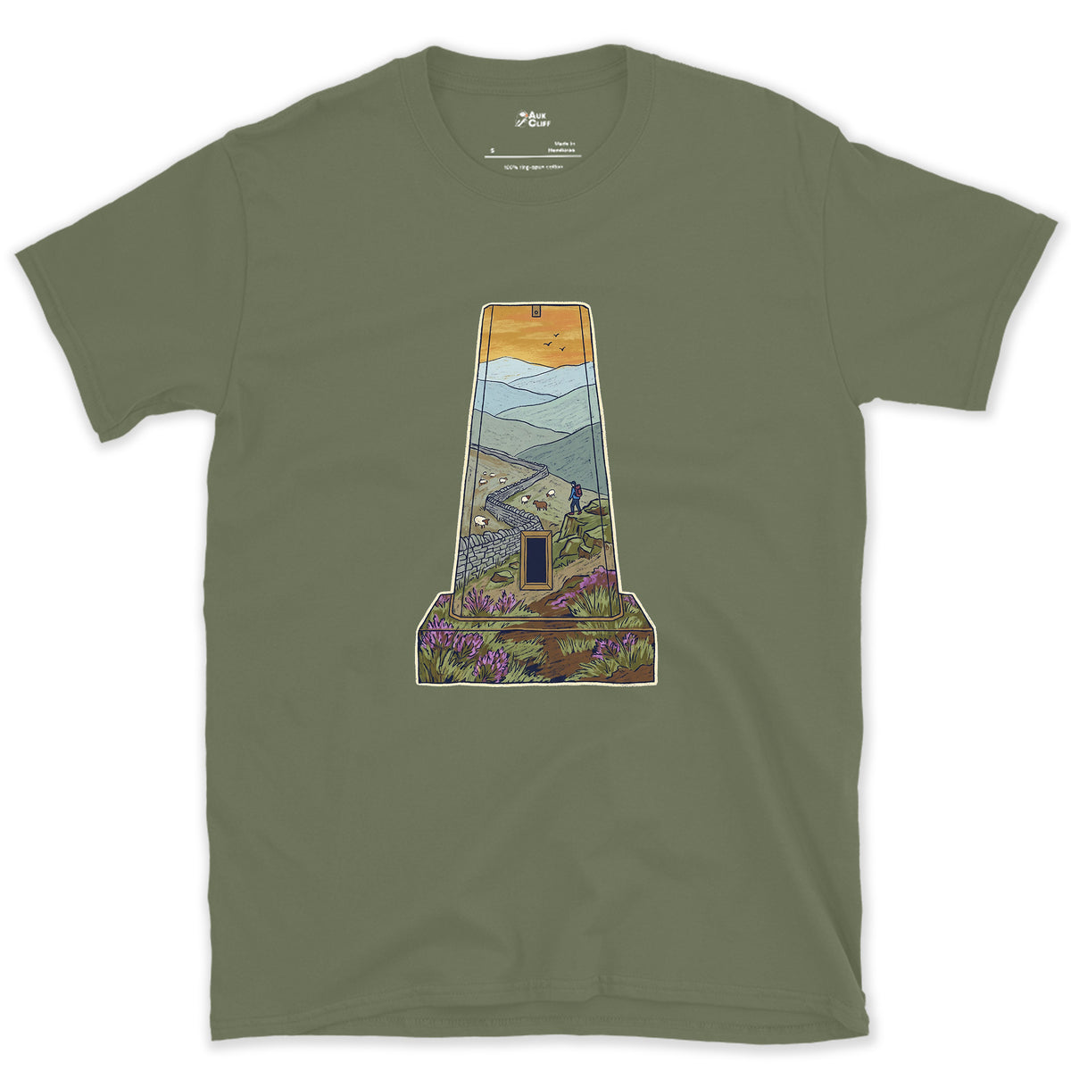 The Summit Panorama From the Trig Pillar design on a Military Green Gildan Softstyle t-shirt