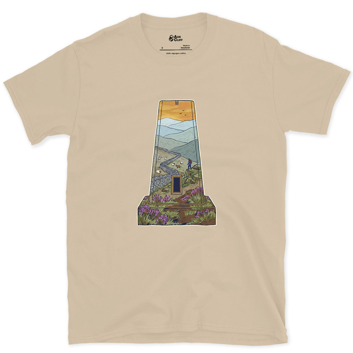 The Summit Panorama From the Trig Pillar design on a Sand Gildan Softstyle t-shirt