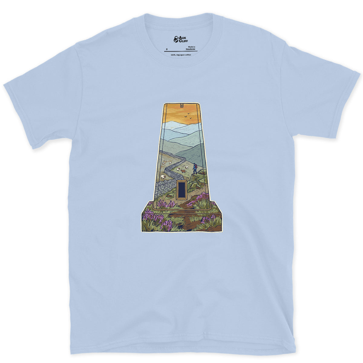 The Summit Panorama From the Trig Pillar design on a Light Blue Gildan Softstyle t-shirt