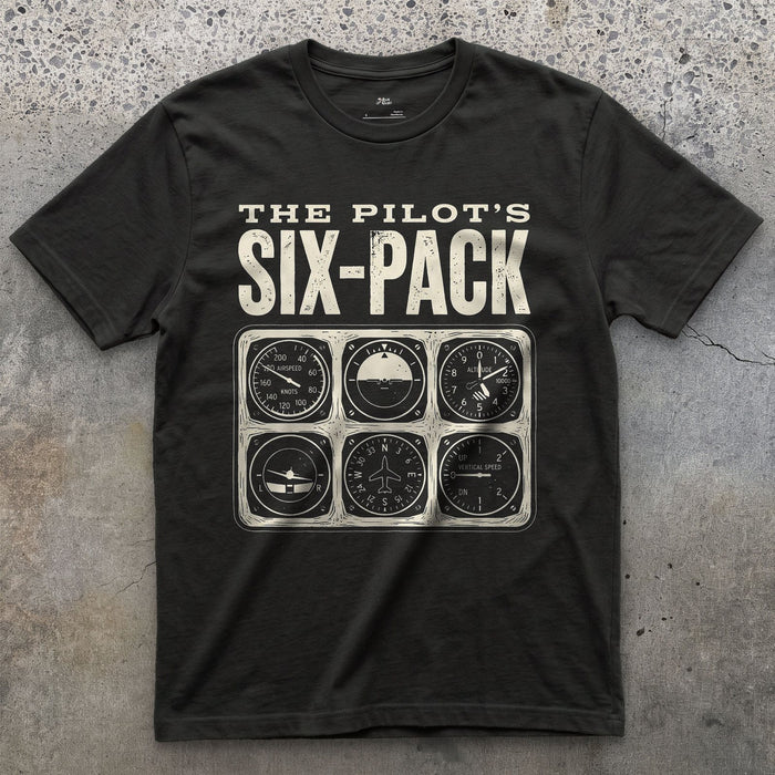 The Pilot's Six-Pack design on a Black Gildan Softstyle t-shirt
