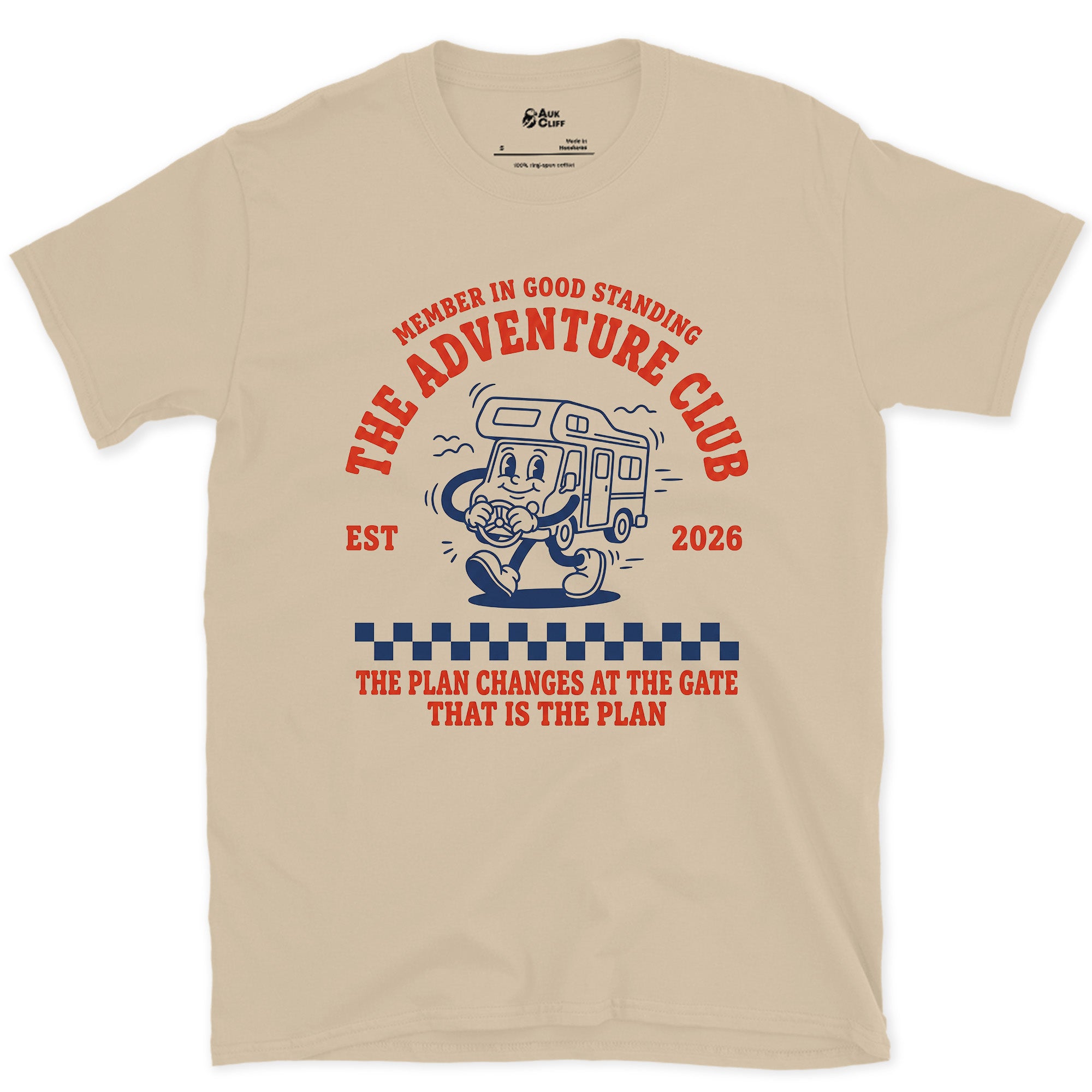 The Plan Changes at the Gate, Adventure Club design on a Sand Gildan Softstyle t-shirt