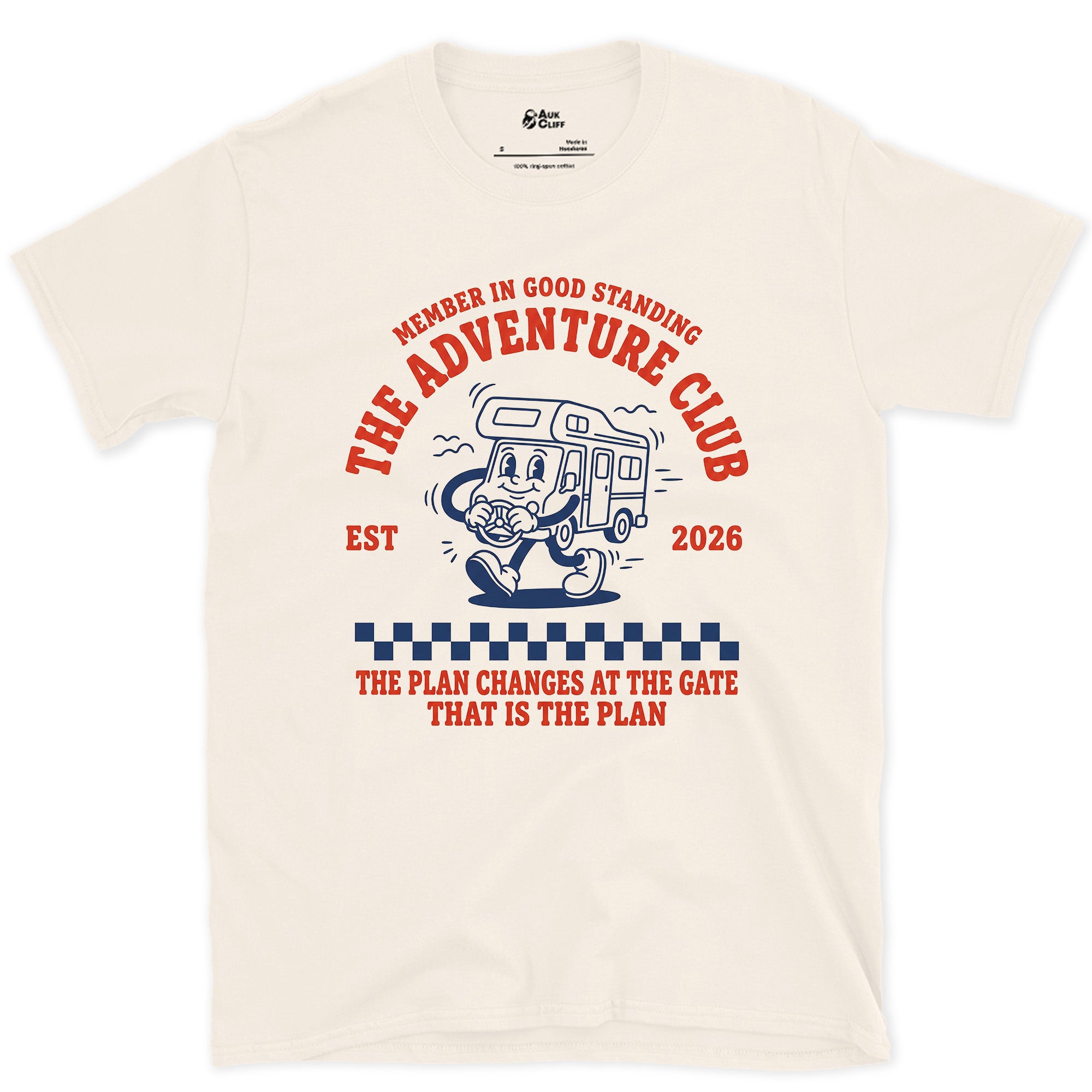 The Plan Changes at the Gate, Adventure Club design on a Natural Gildan Softstyle t-shirt