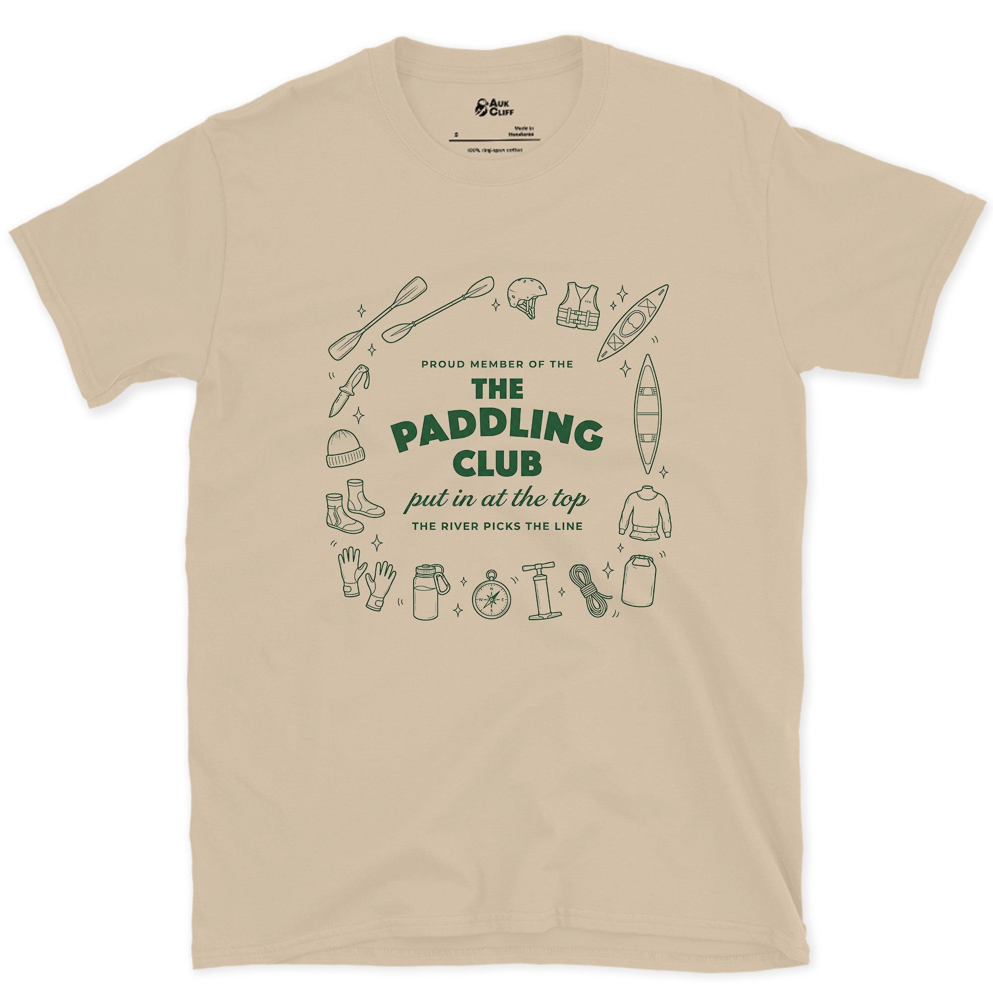 The River Picks the Line, Not the Paddler design on a Sand Gildan Softstyle t-shirt