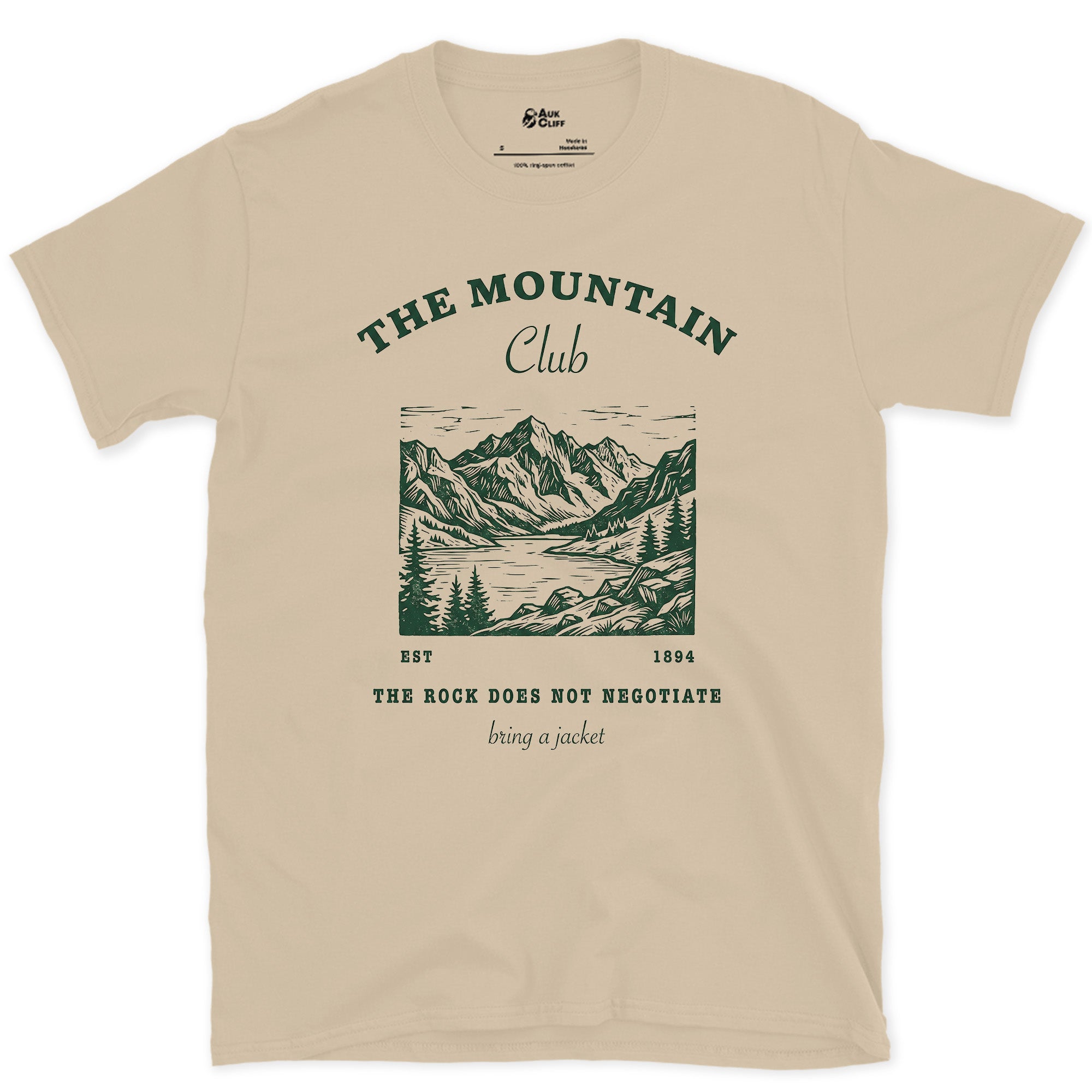 The Mountain Rock Does Not Negotiate, Bring a Jacket design on a Sand Gildan Softstyle t-shirt