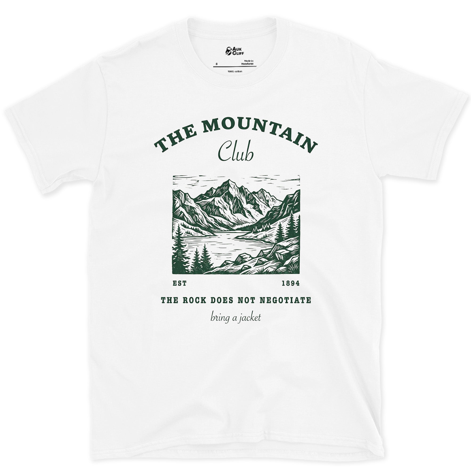 The Mountain Rock Does Not Negotiate, Bring a Jacket design on a White Gildan Softstyle t-shirt