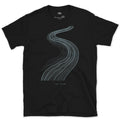 Where Two Currents Meet in the River Bend design on a Black Gildan Softstyle t-shirt